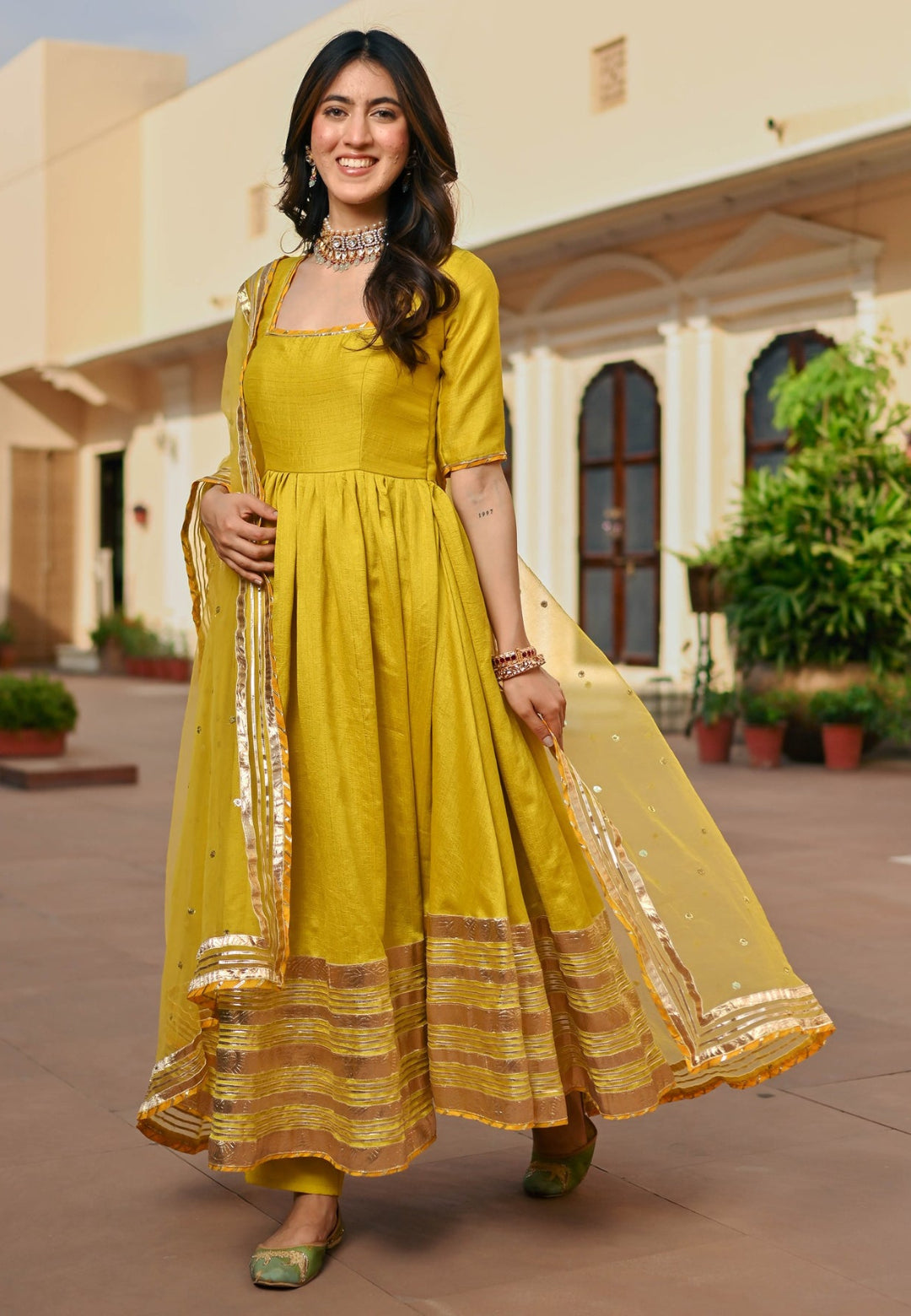 LEMON GREEN SILK ANARKALI SUIT SET