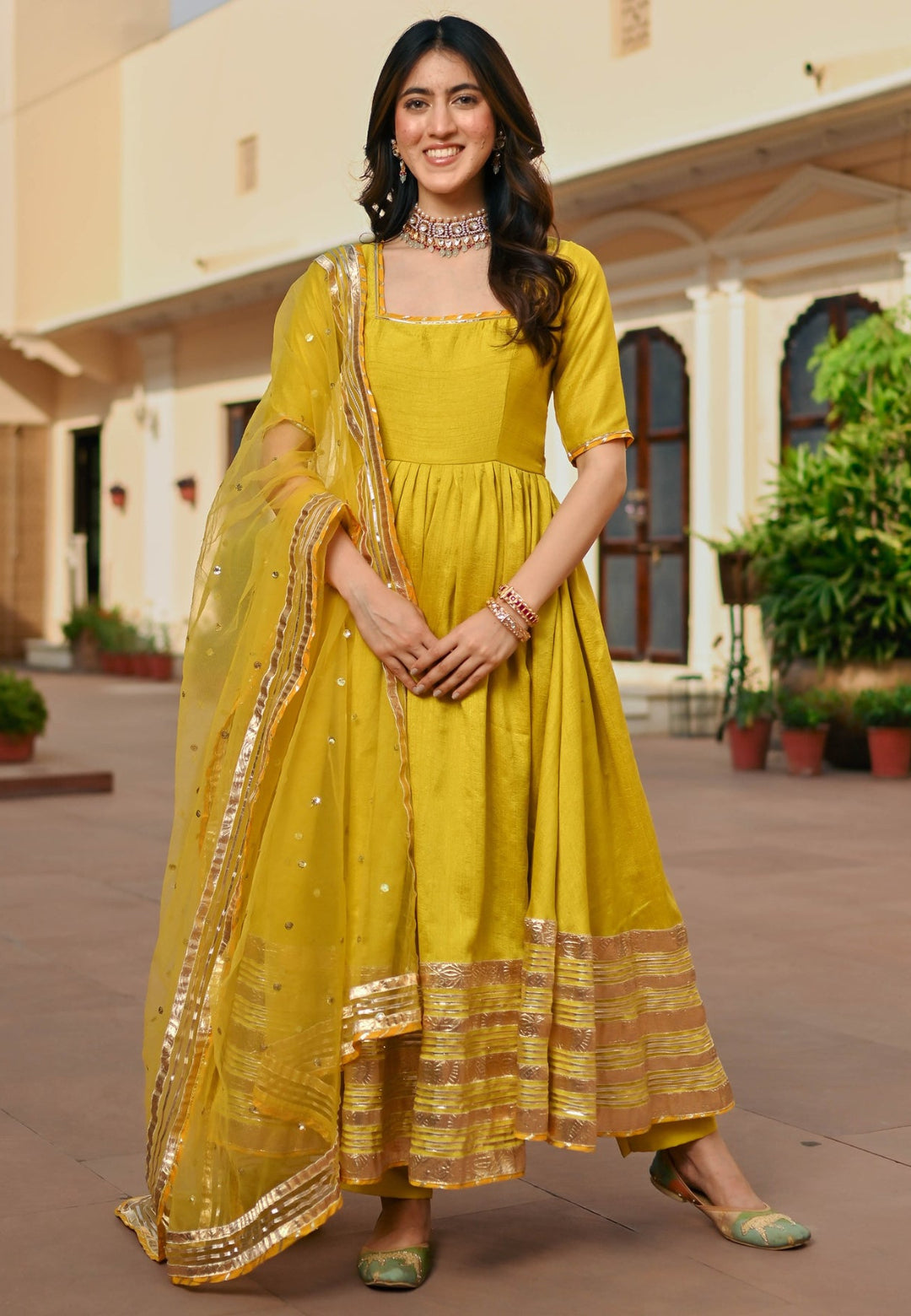 LEMON GREEN SILK ANARKALI SUIT SET