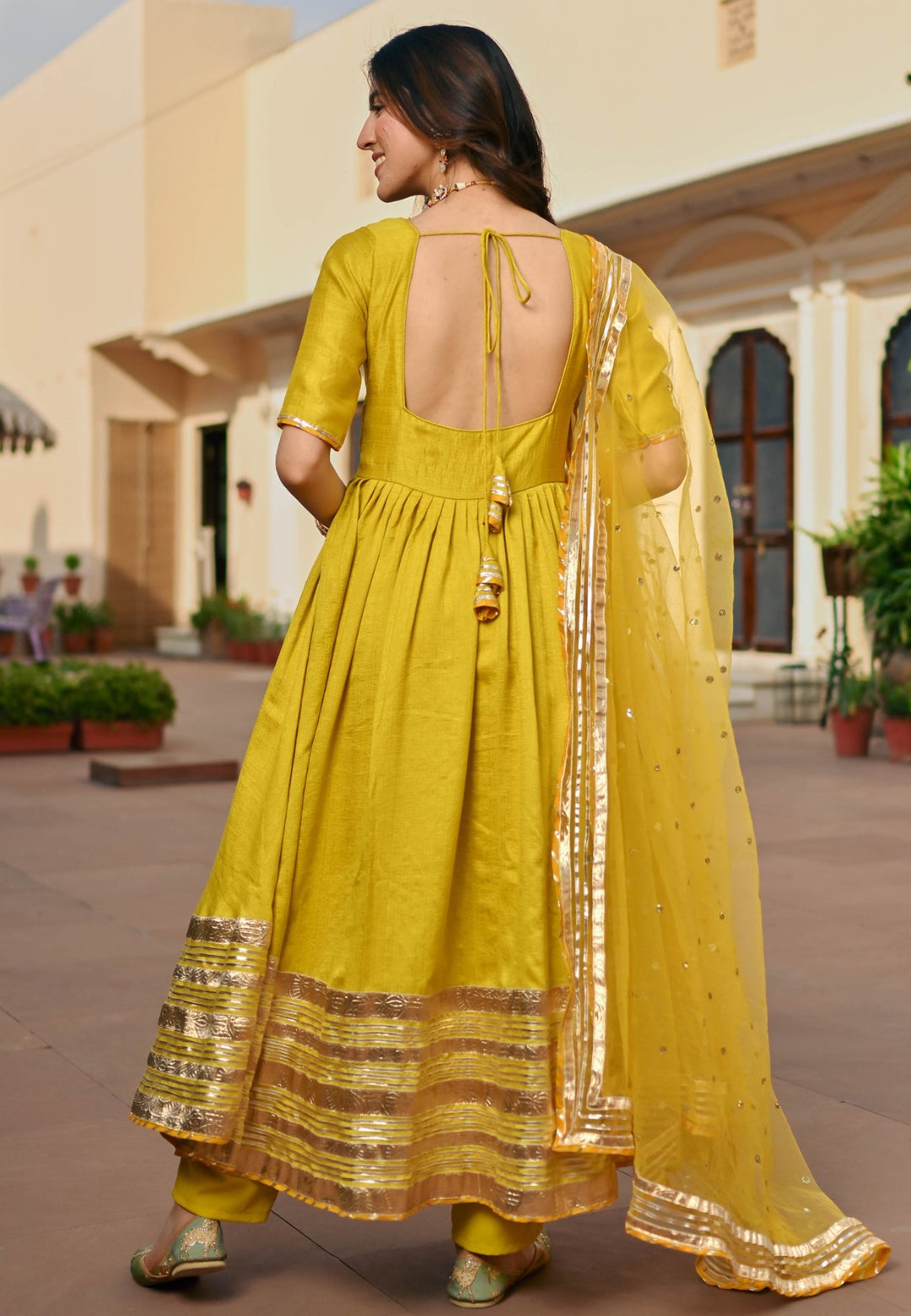 LEMON GREEN SILK ANARKALI SUIT SET