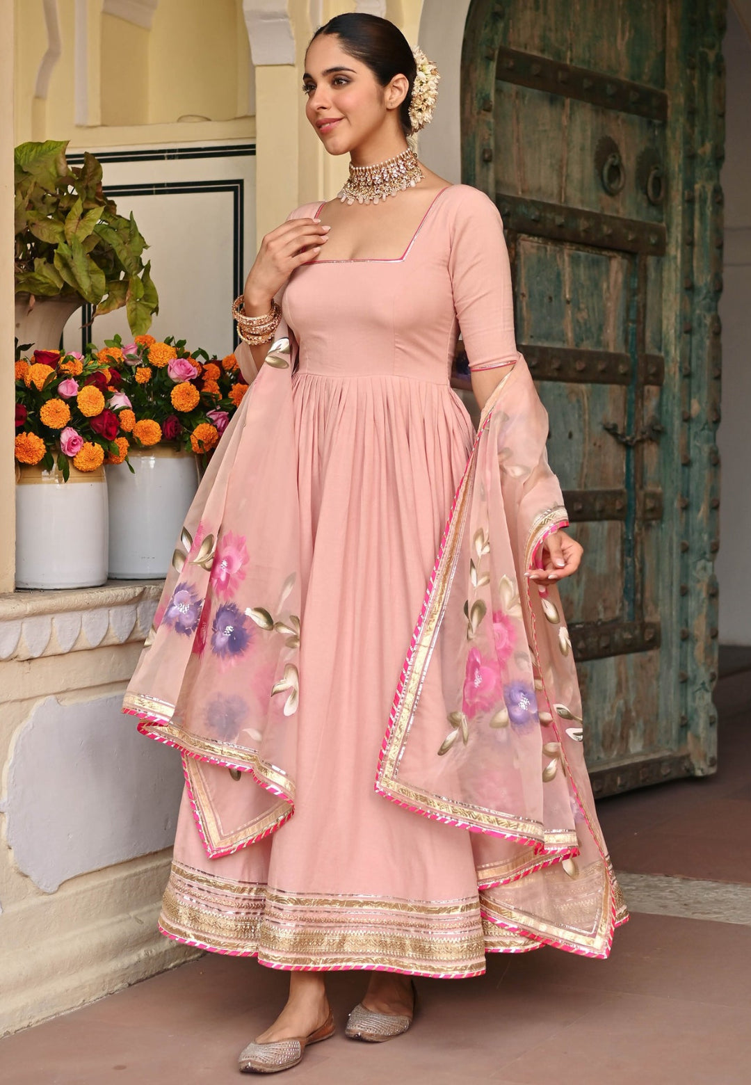 PINK HANDBRUSH COTTON ANARKALI SUIT SET