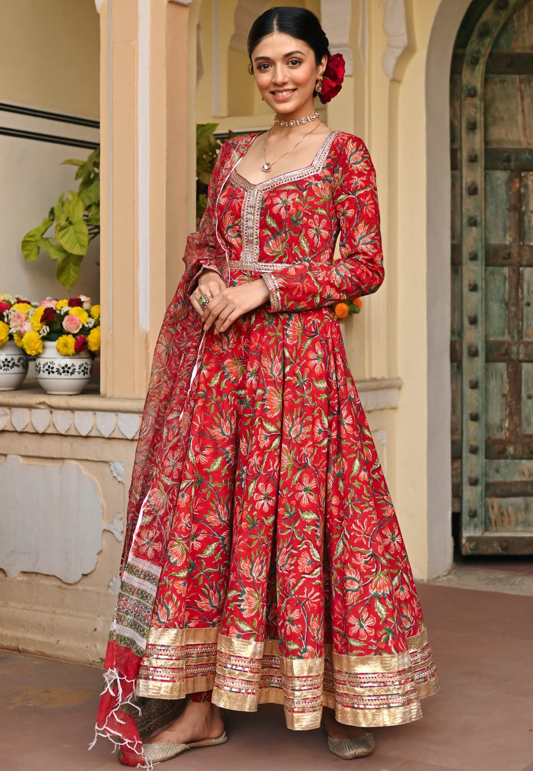 RED HANDBLOCK PRINTED ANARKALI SUIT SET