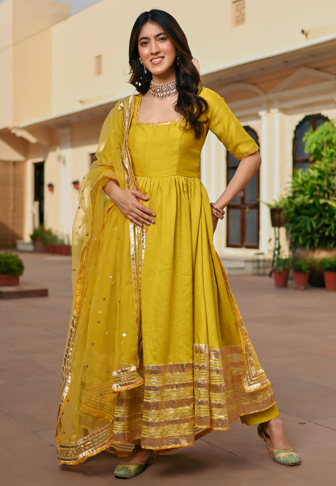 LEMON GREEN SILK ANARKALI SUIT SET