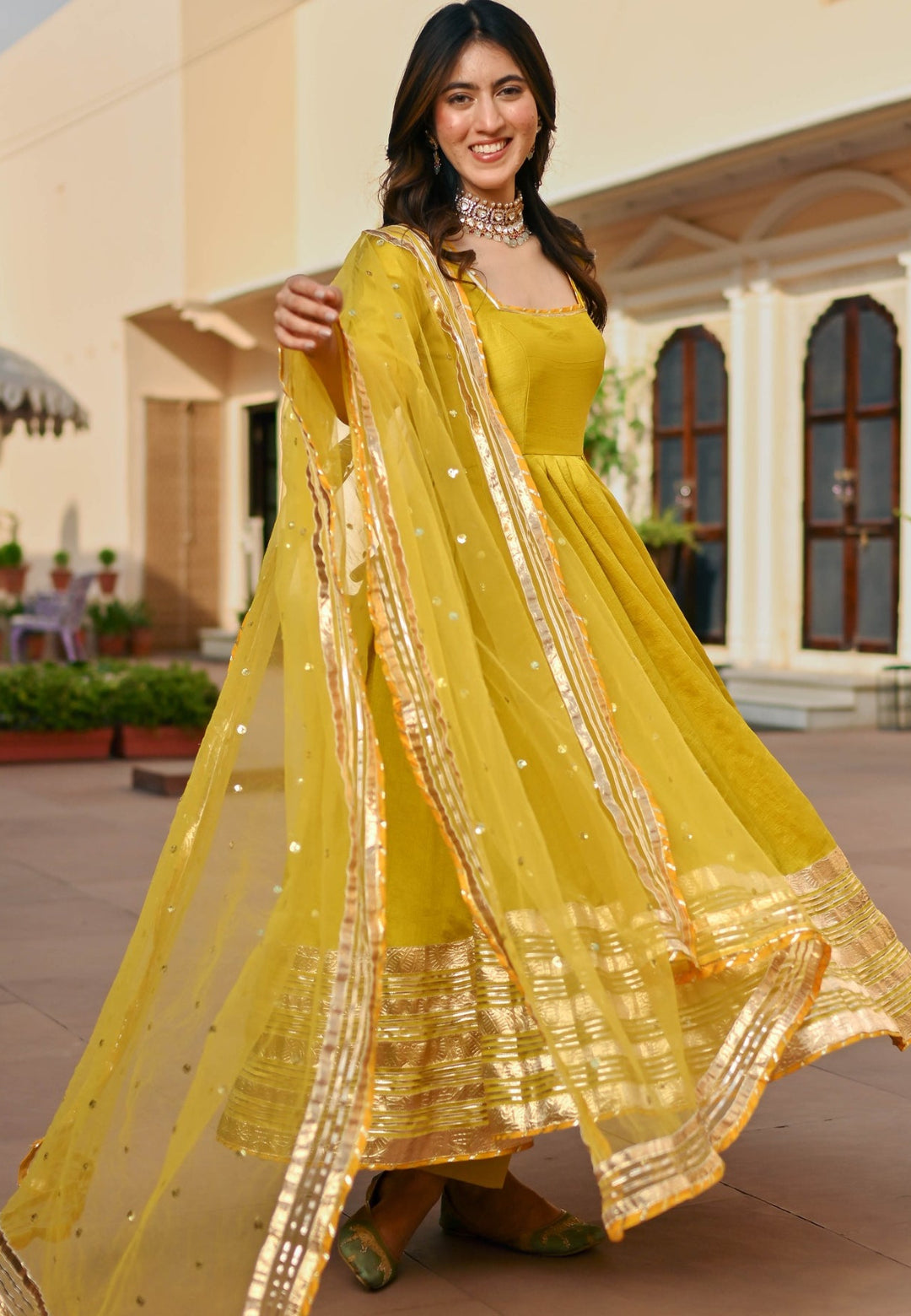 LEMON GREEN SILK ANARKALI SUIT SET