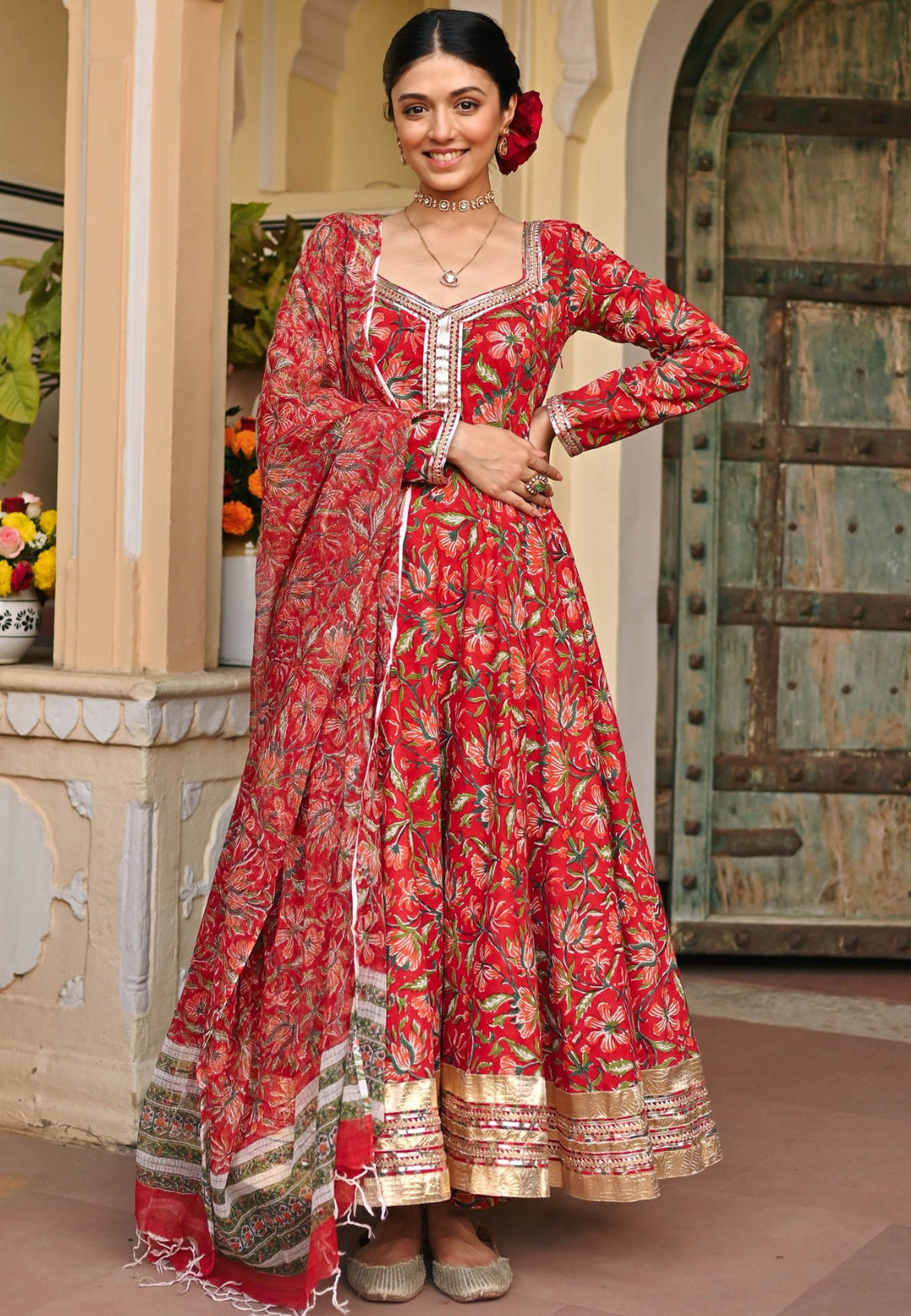 RED HANDBLOCK PRINTED ANARKALI SUIT SET