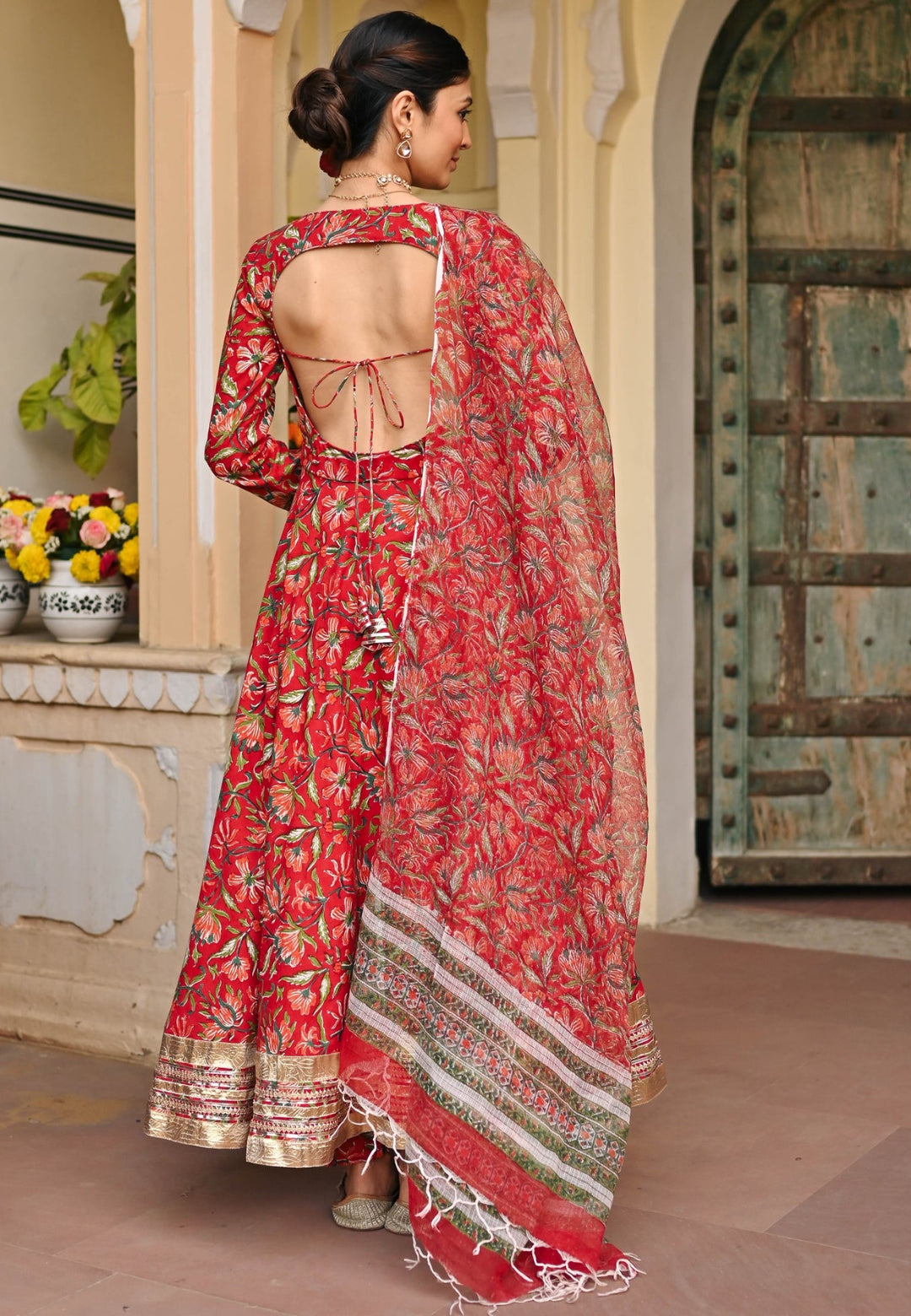 RED HANDBLOCK PRINTED ANARKALI SUIT SET