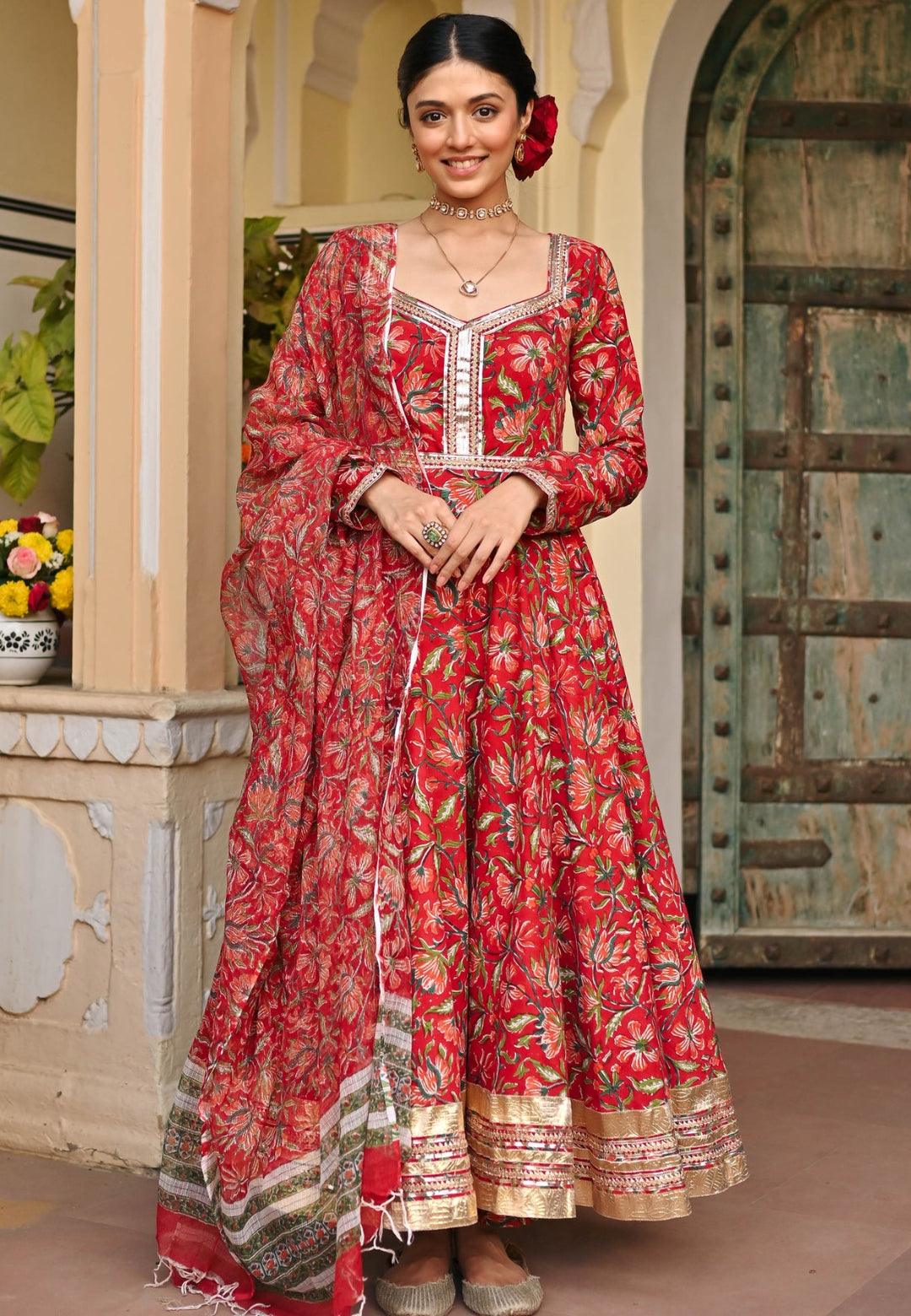 RED HANDBLOCK PRINTED ANARKALI SUIT SET