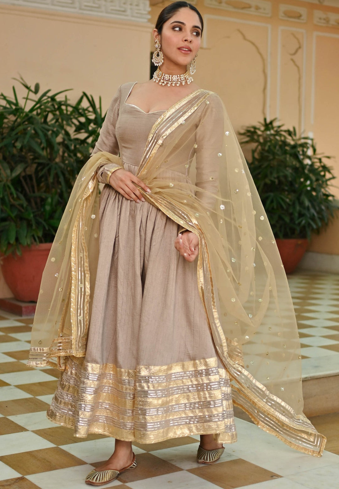 BEIGE GOLD SILK ANARKALI SUIT SET