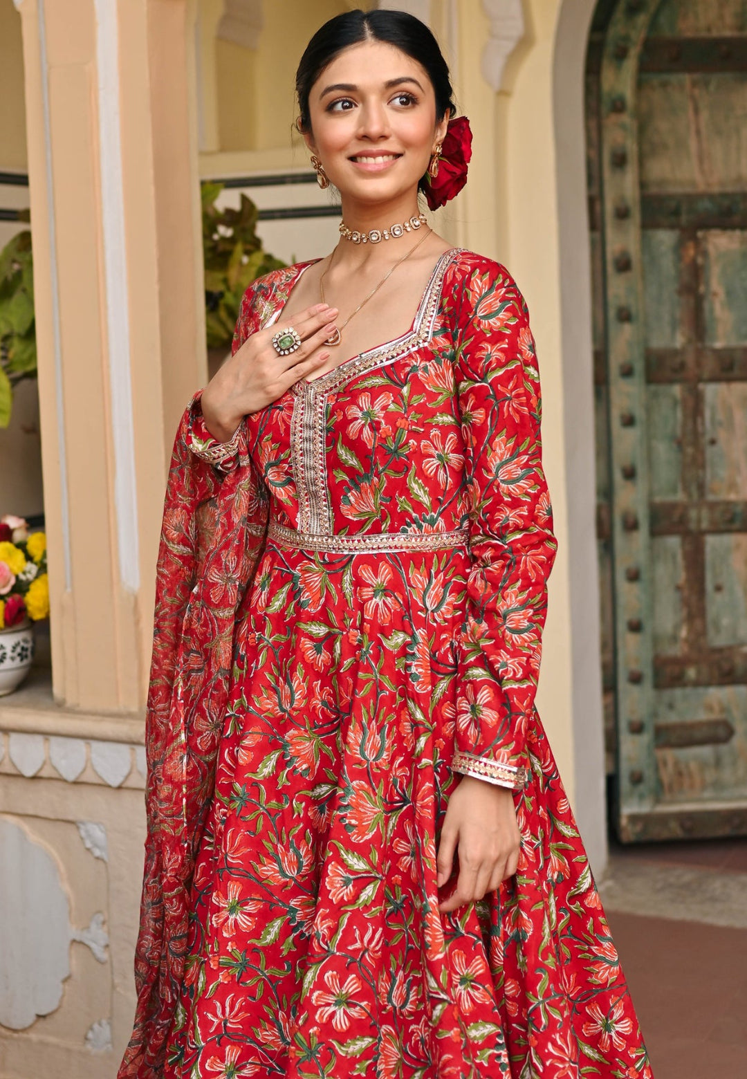 RED HANDBLOCK PRINTED ANARKALI SUIT SET