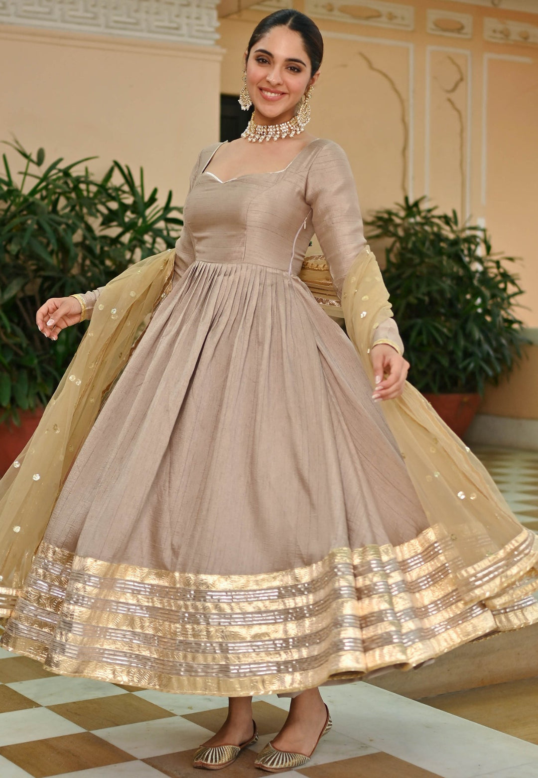 BEIGE GOLD SILK ANARKALI SUIT SET