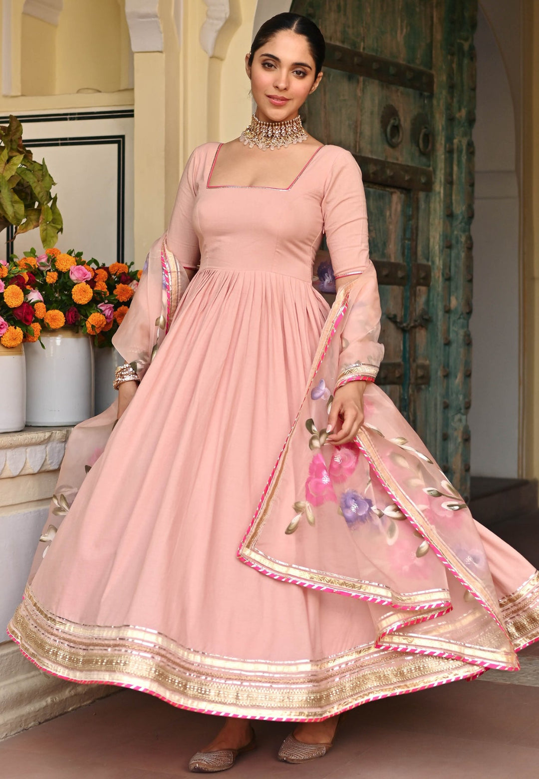 PINK HANDBRUSH COTTON ANARKALI SUIT SET