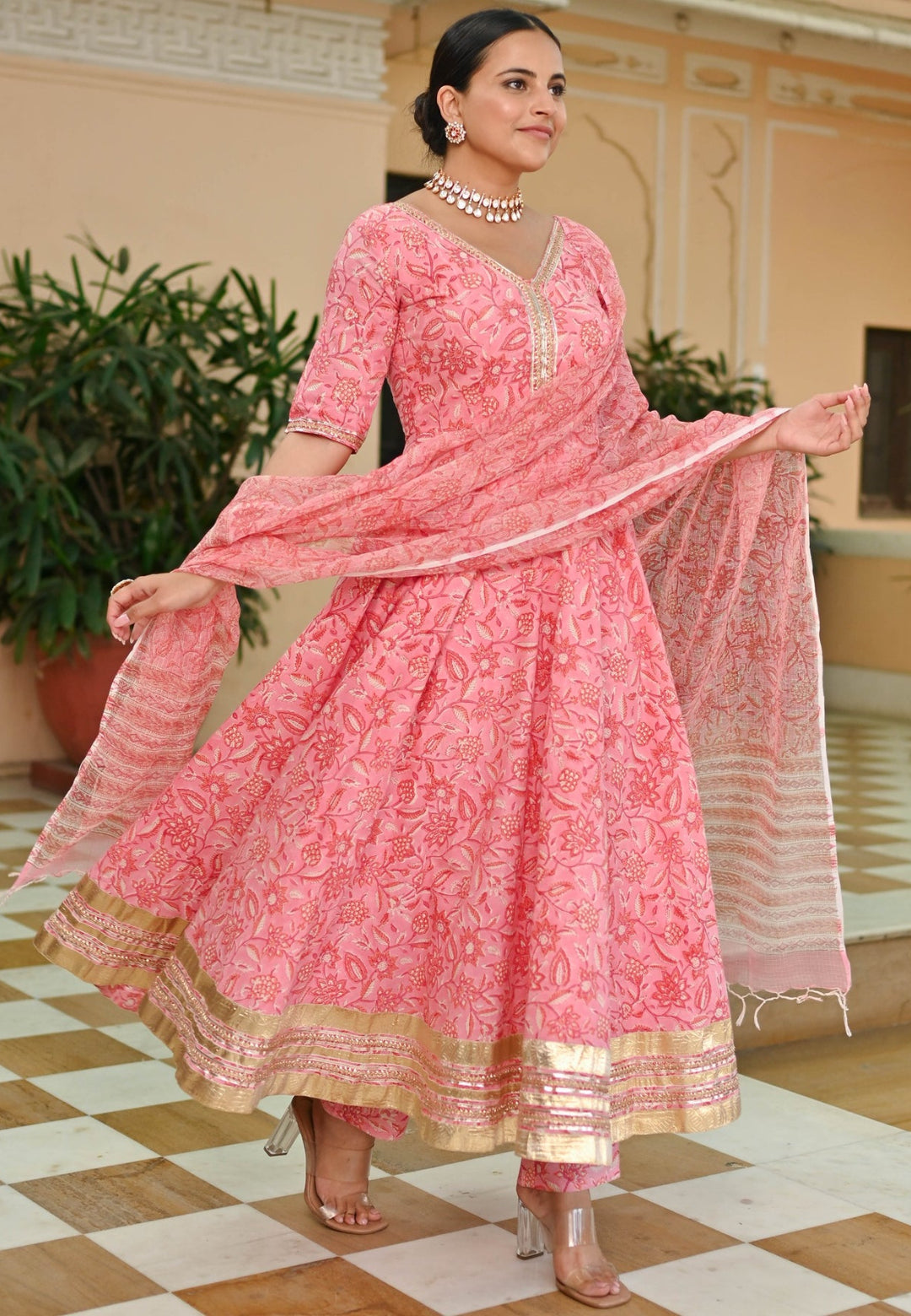 PINK HANDBLOCK ANARKALI SUIT SET