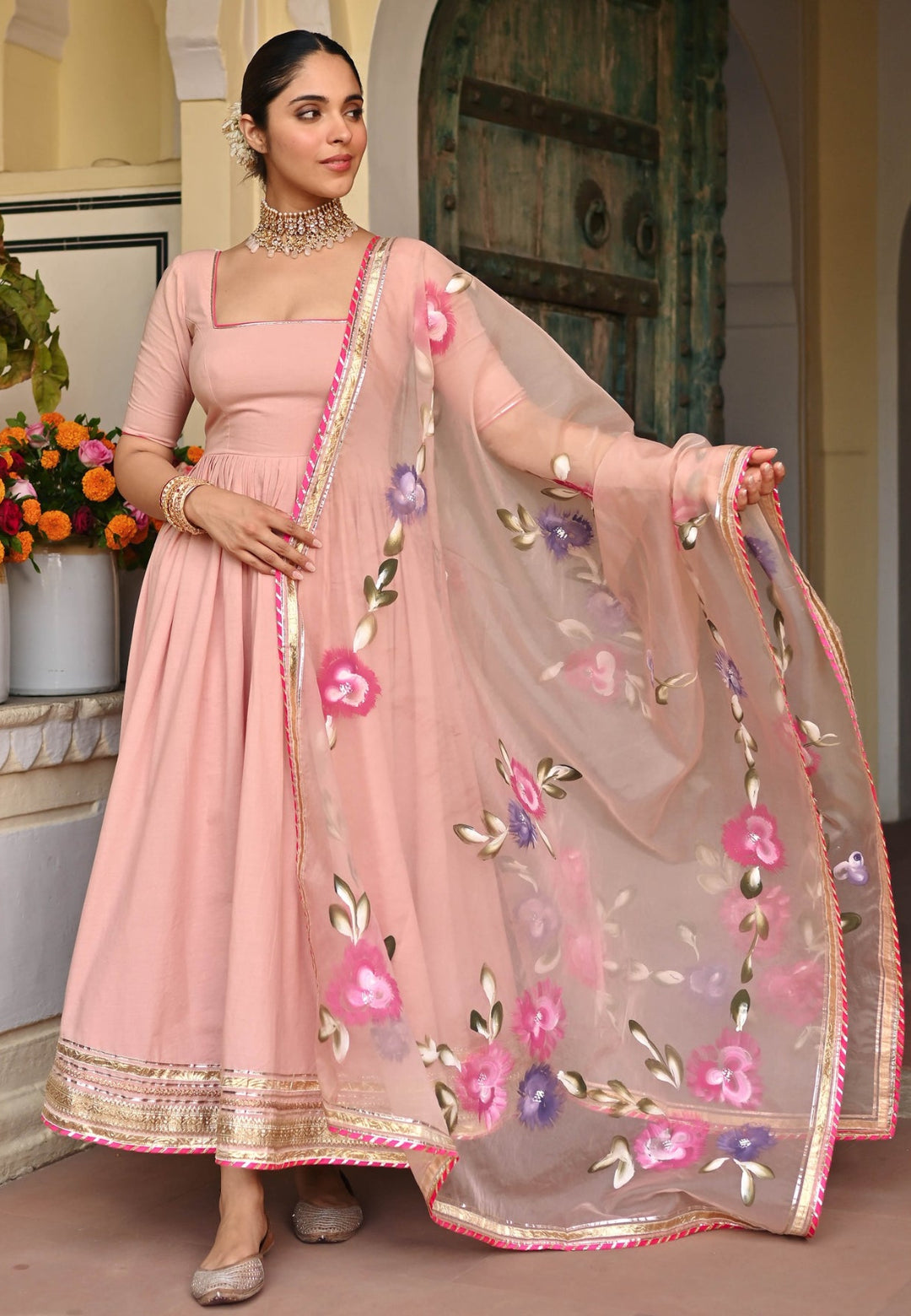 PINK HANDBRUSH COTTON ANARKALI SUIT SET