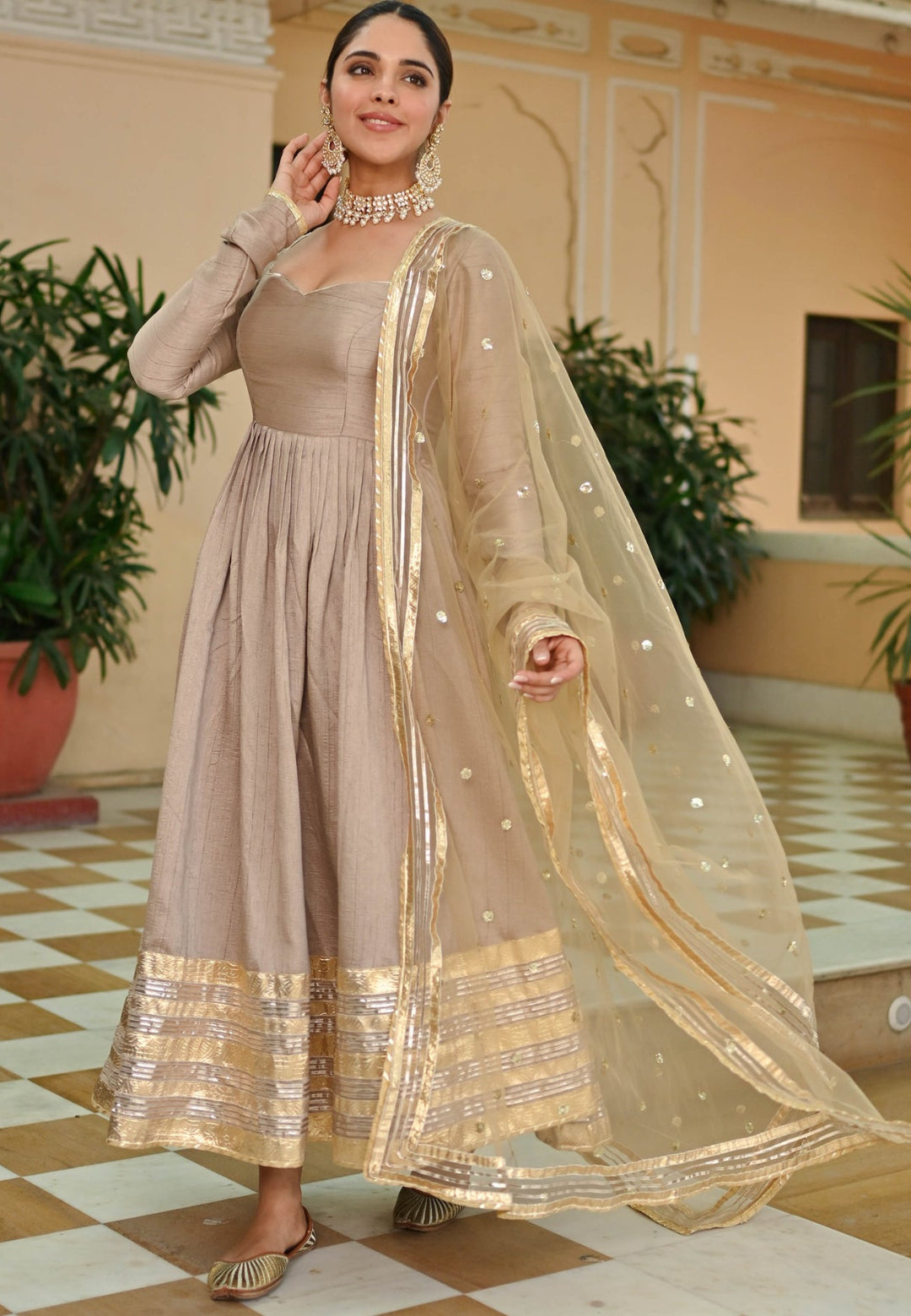 BEIGE GOLD SILK ANARKALI SUIT SET