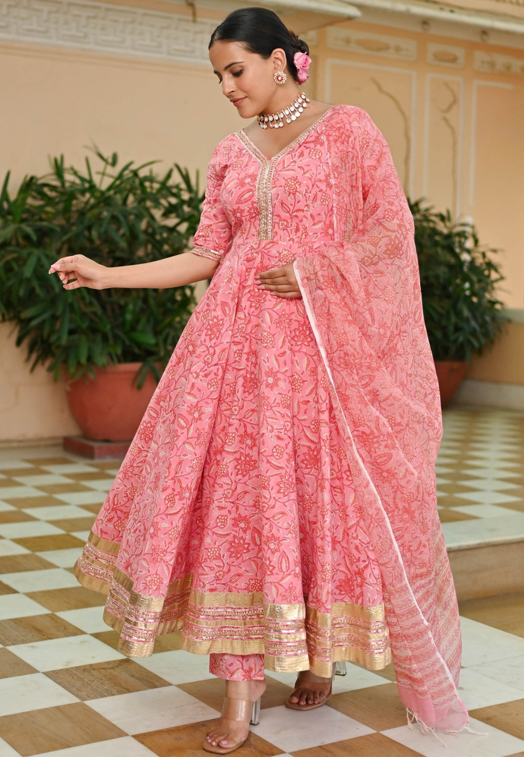 PINK HANDBLOCK ANARKALI SUIT SET