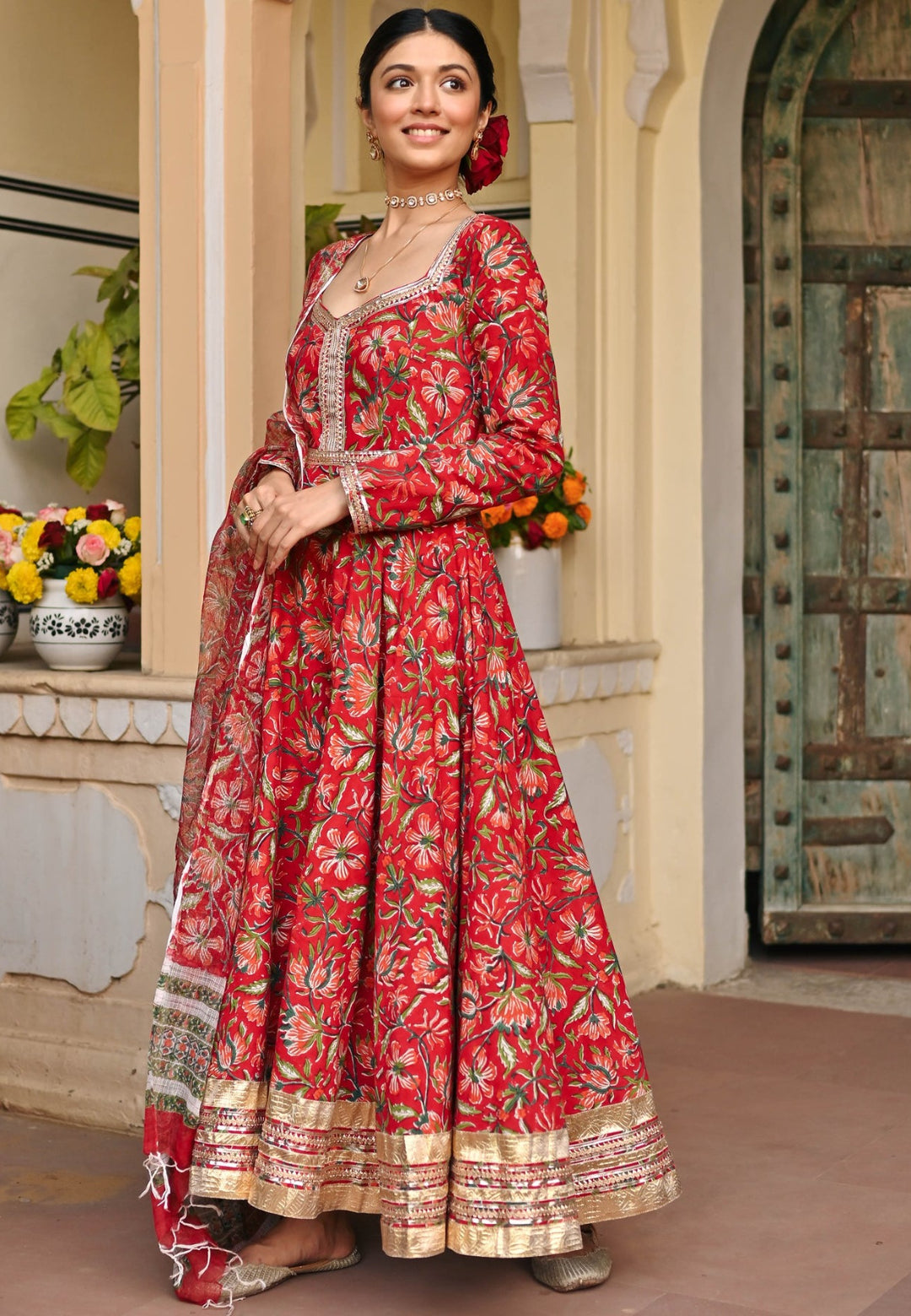 RED HANDBLOCK PRINTED ANARKALI SUIT SET