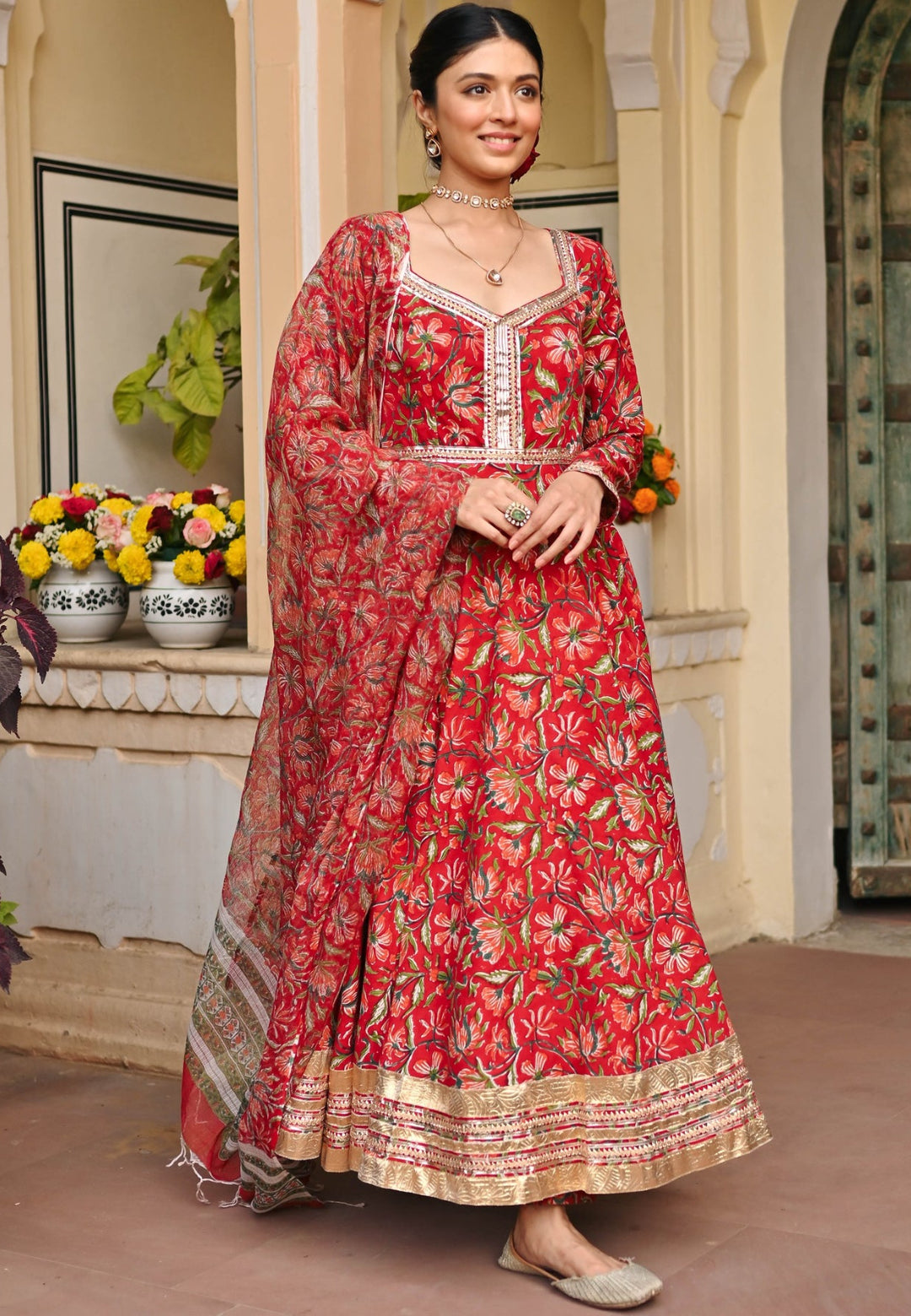 RED HANDBLOCK PRINTED ANARKALI SUIT SET