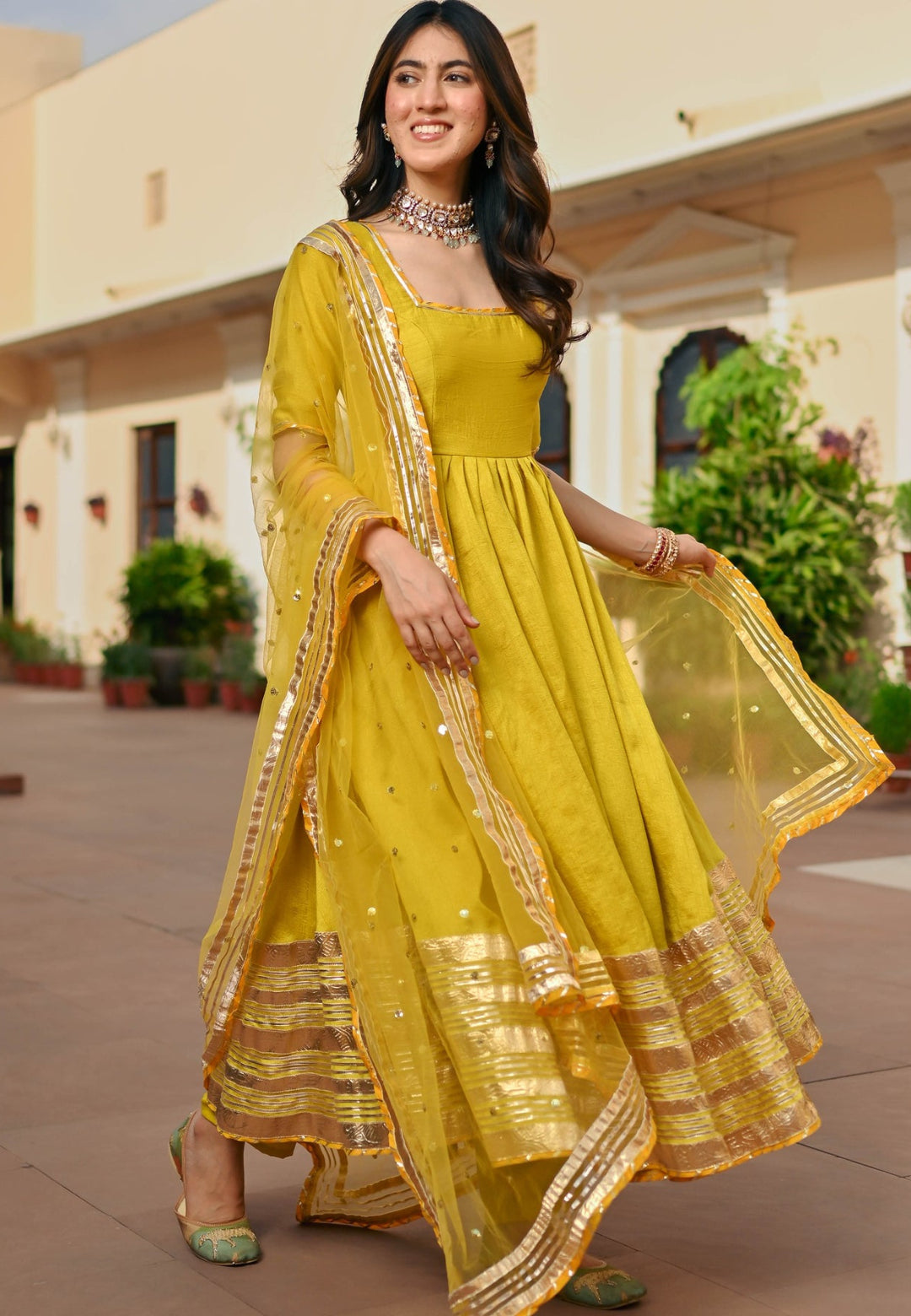 LEMON GREEN SILK ANARKALI SUIT SET