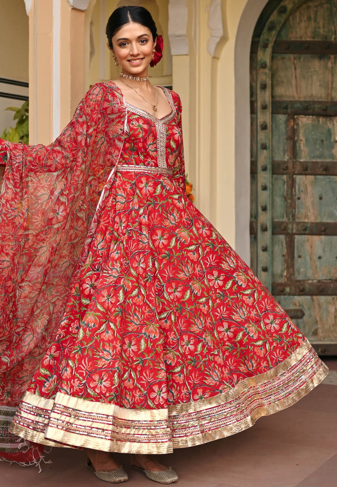 RED HANDBLOCK PRINTED ANARKALI SUIT SET