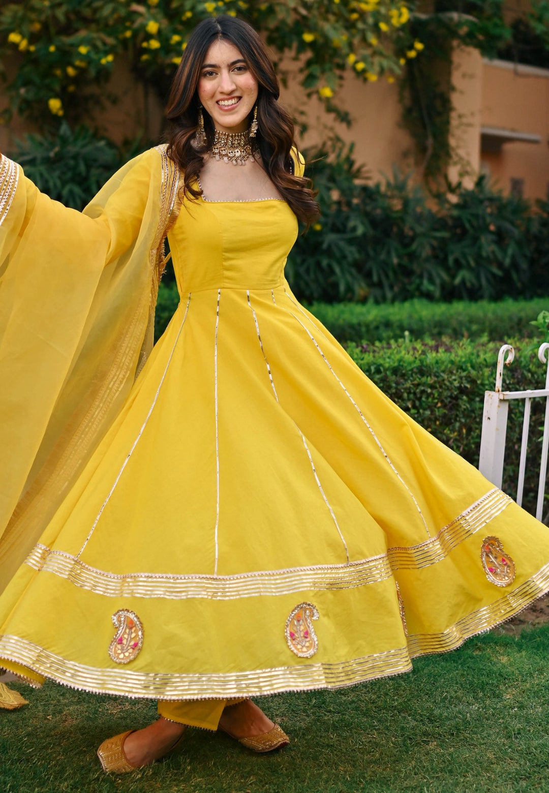 YELLOW PAISLEY GOTA COTTON ANARKALI SET