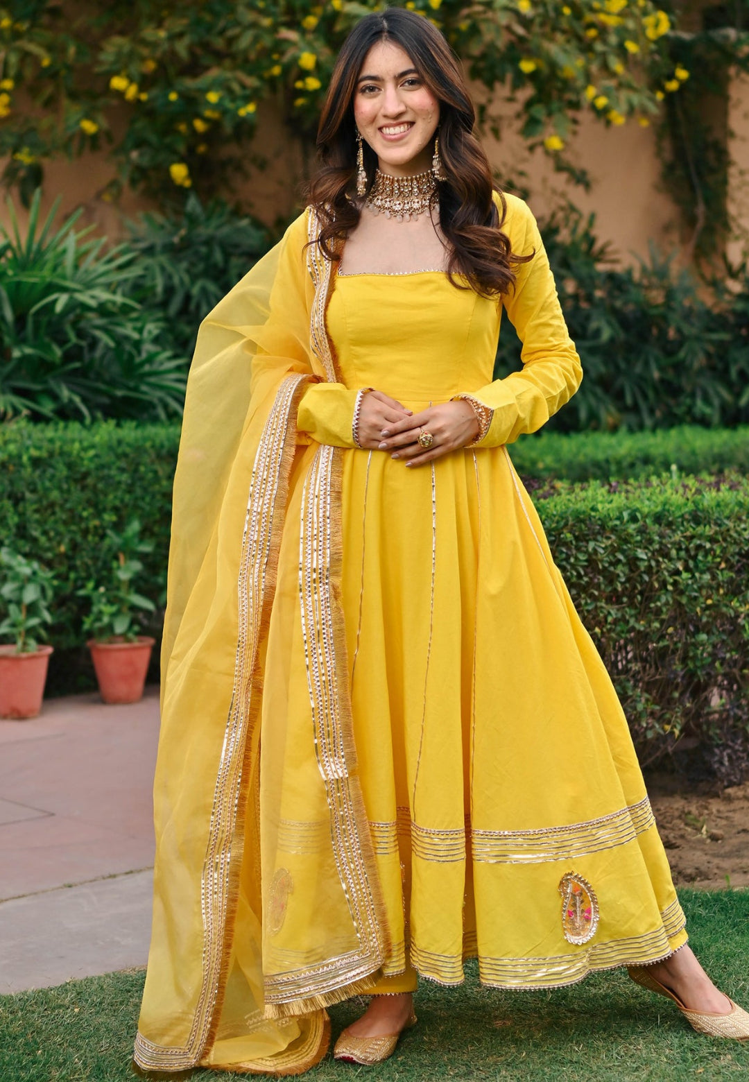 YELLOW PAISLEY GOTA COTTON ANARKALI SET