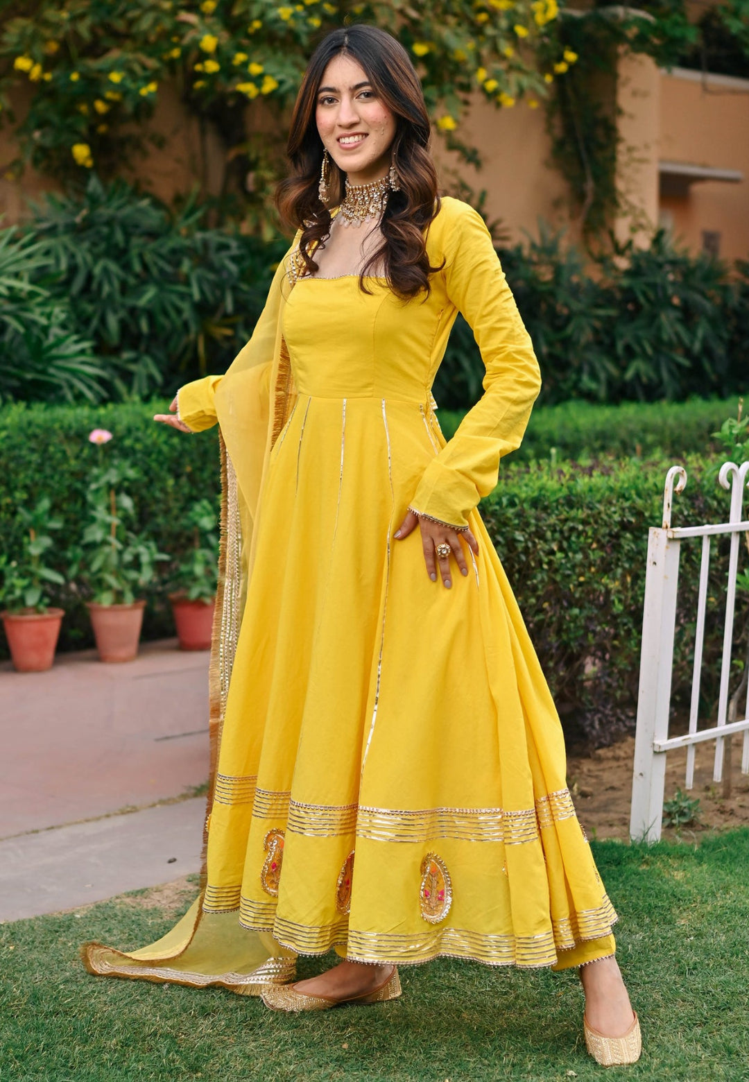 YELLOW PAISLEY GOTA COTTON ANARKALI SET