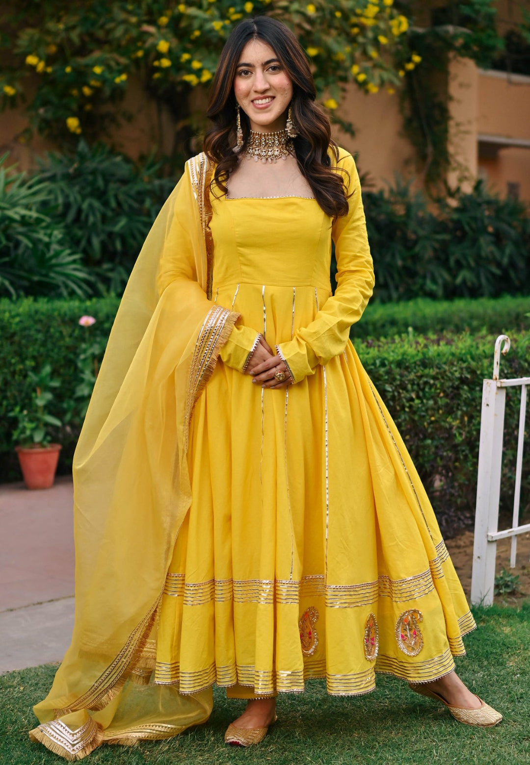 YELLOW PAISLEY GOTA COTTON ANARKALI SET