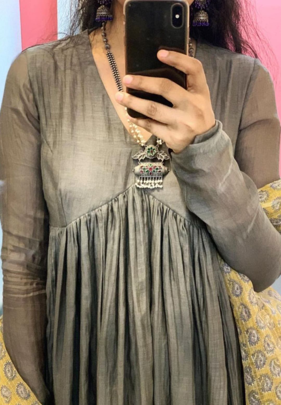 GREY YELLOW CHANDERI ANARKALI SUIT SET