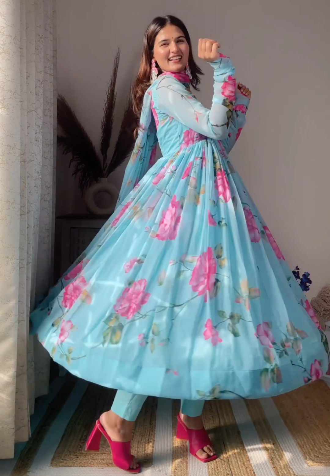 BLUE PINK FLORAL GEORGETTE ANARKALI SUIT SET