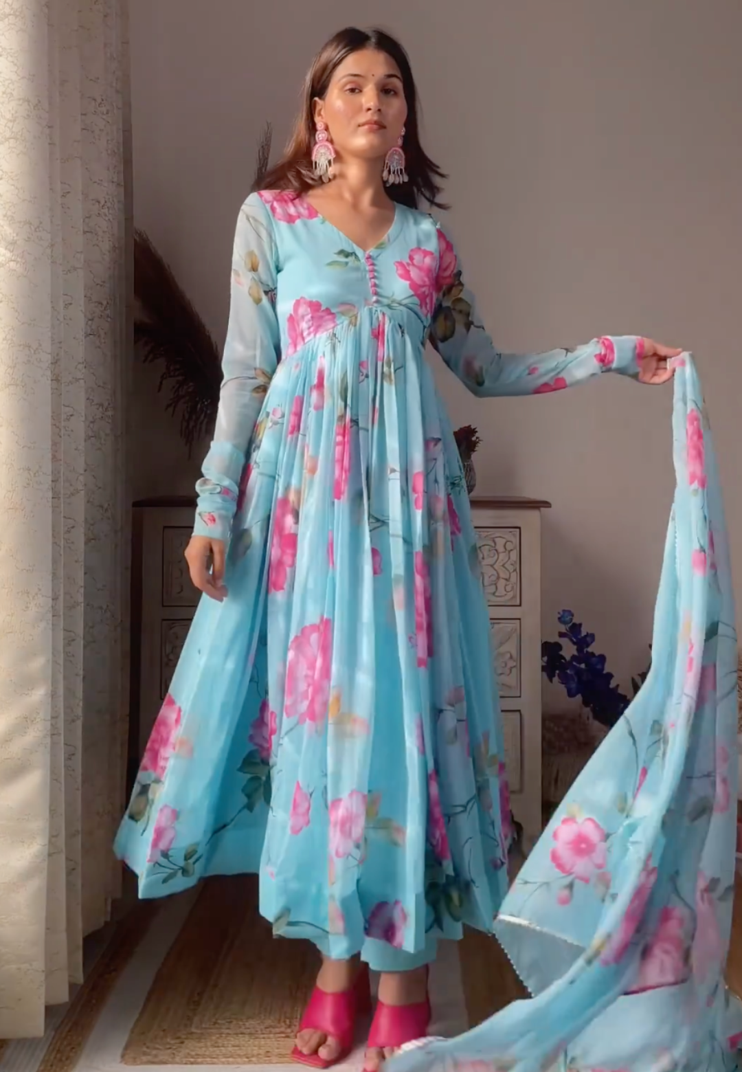 BLUE PINK FLORAL GEORGETTE ANARKALI SUIT SET
