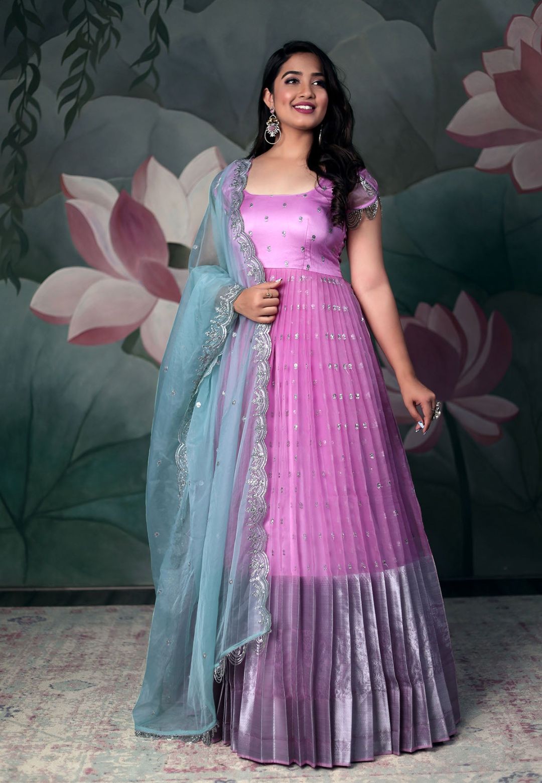PINK BLUE ORGANZA SEQUIN ANARKALI SET