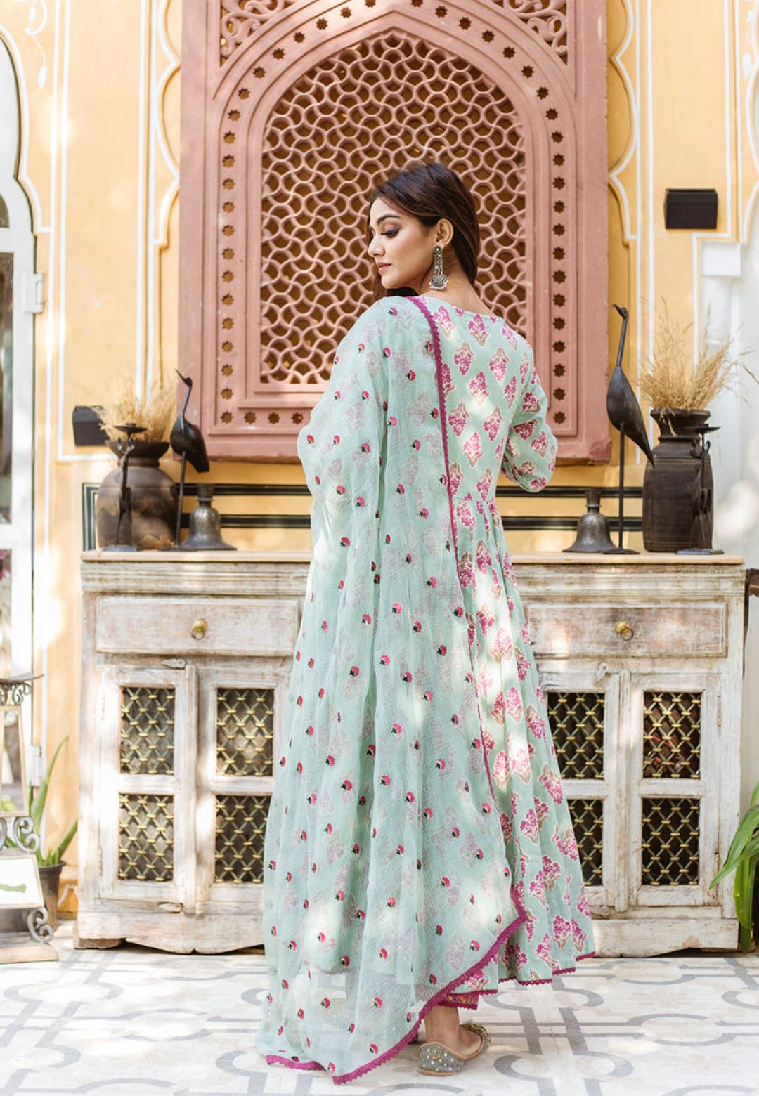 BLUE HANDBLOCKED RICH COTTON ANARKALI SUIT SET