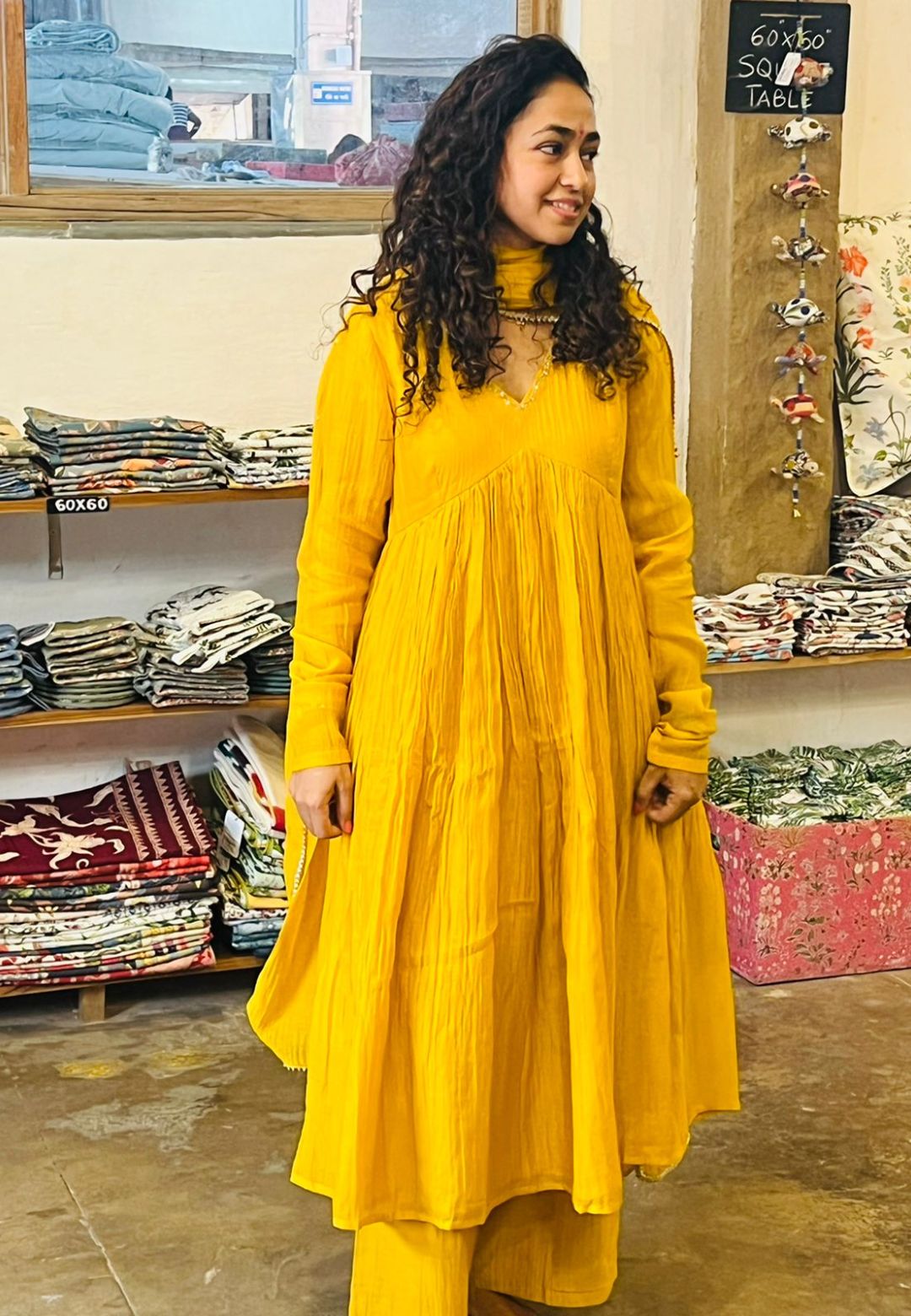 YELLOW EMBROIDERED CHANDERI ANARKALI SUIT SET