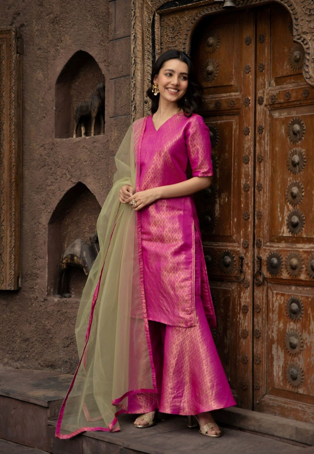 PINK BANARAS SOFT SILK KURTA SET