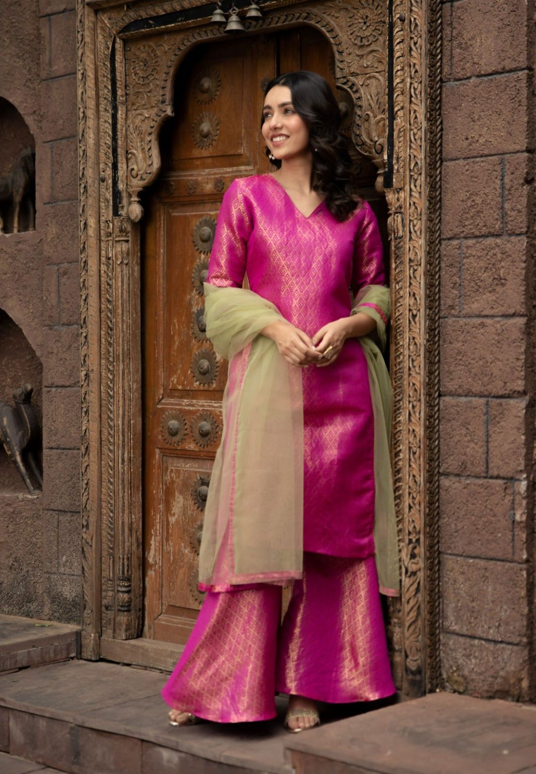 PINK BANARAS SOFT SILK KURTA SET