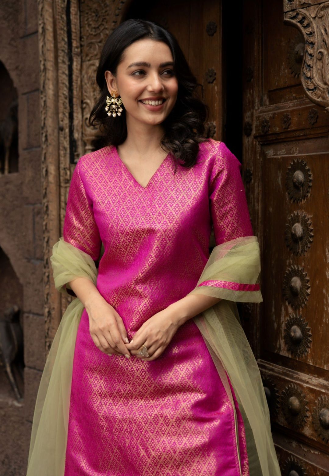 PINK BANARAS SOFT SILK KURTA SET