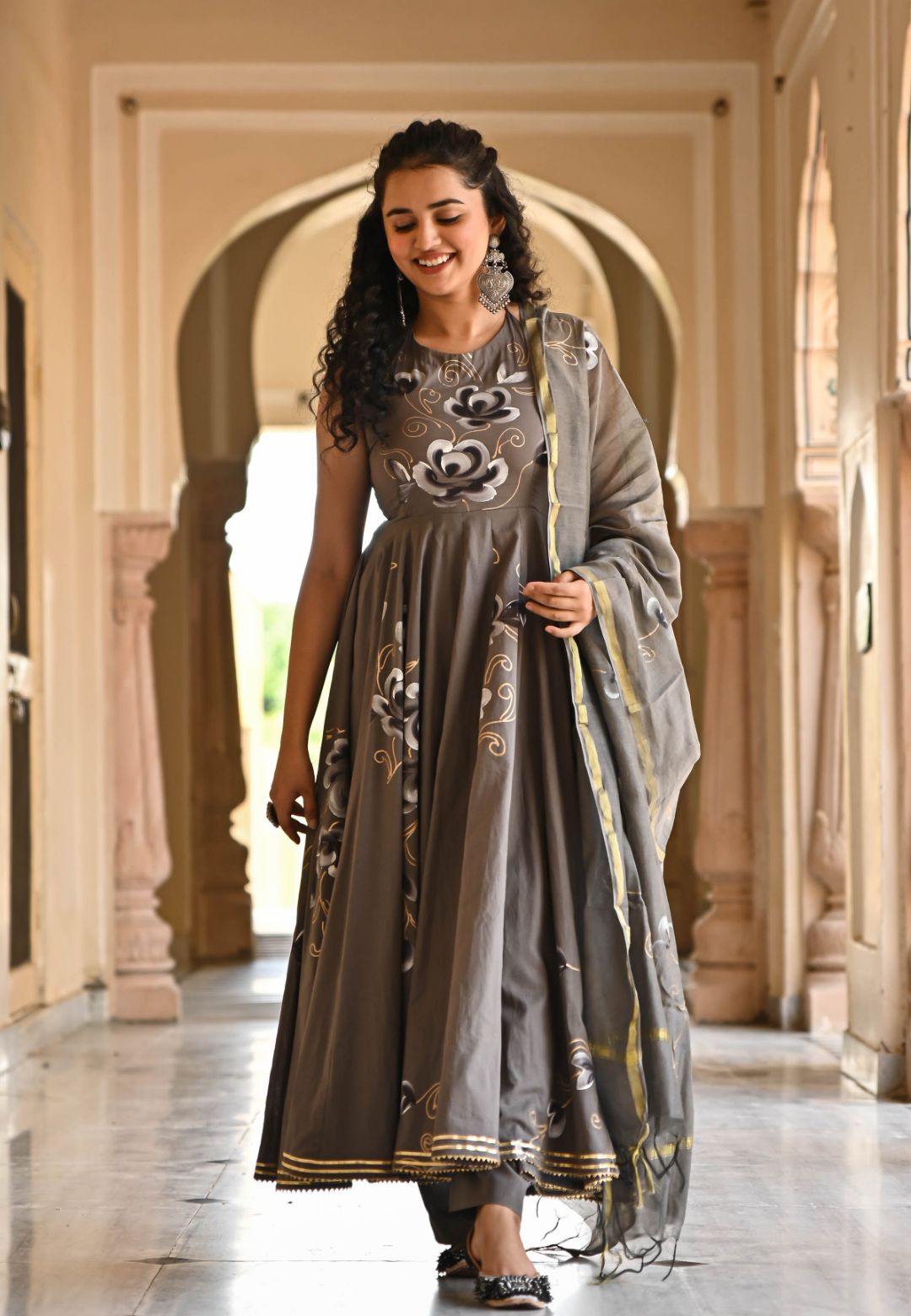 GREY FLORAL HANDPAINTED COTTON SUIT SET
