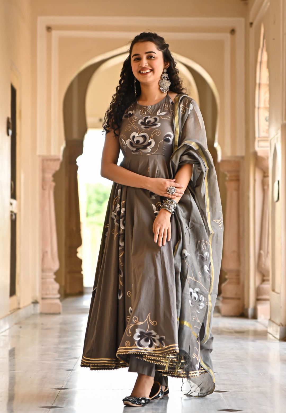 GREY FLORAL HANDPAINTED COTTON SUIT SET