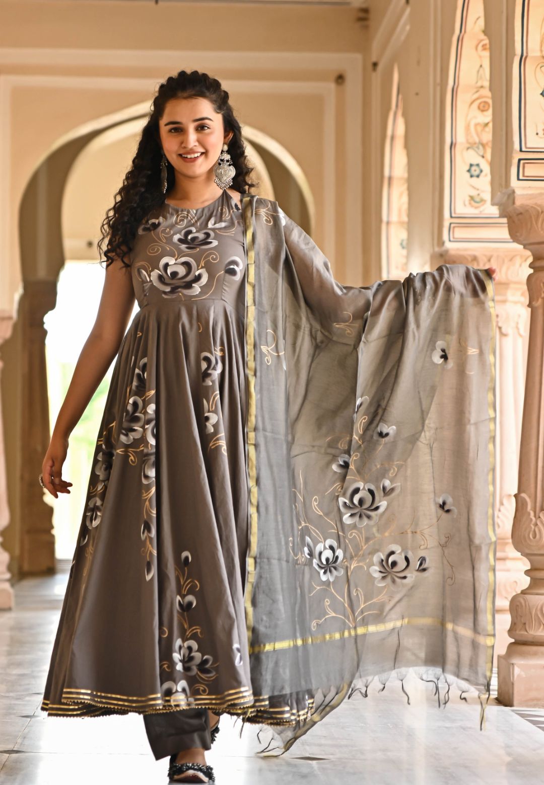 GREY FLORAL HANDPAINTED COTTON SUIT SET