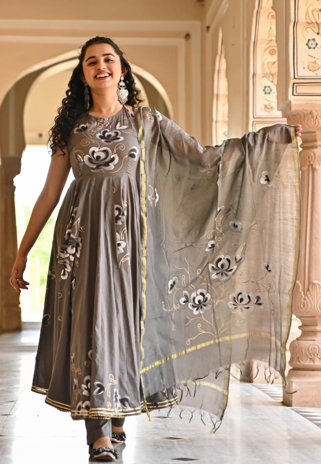 GREY FLORAL HANDPAINTED COTTON SUIT SET
