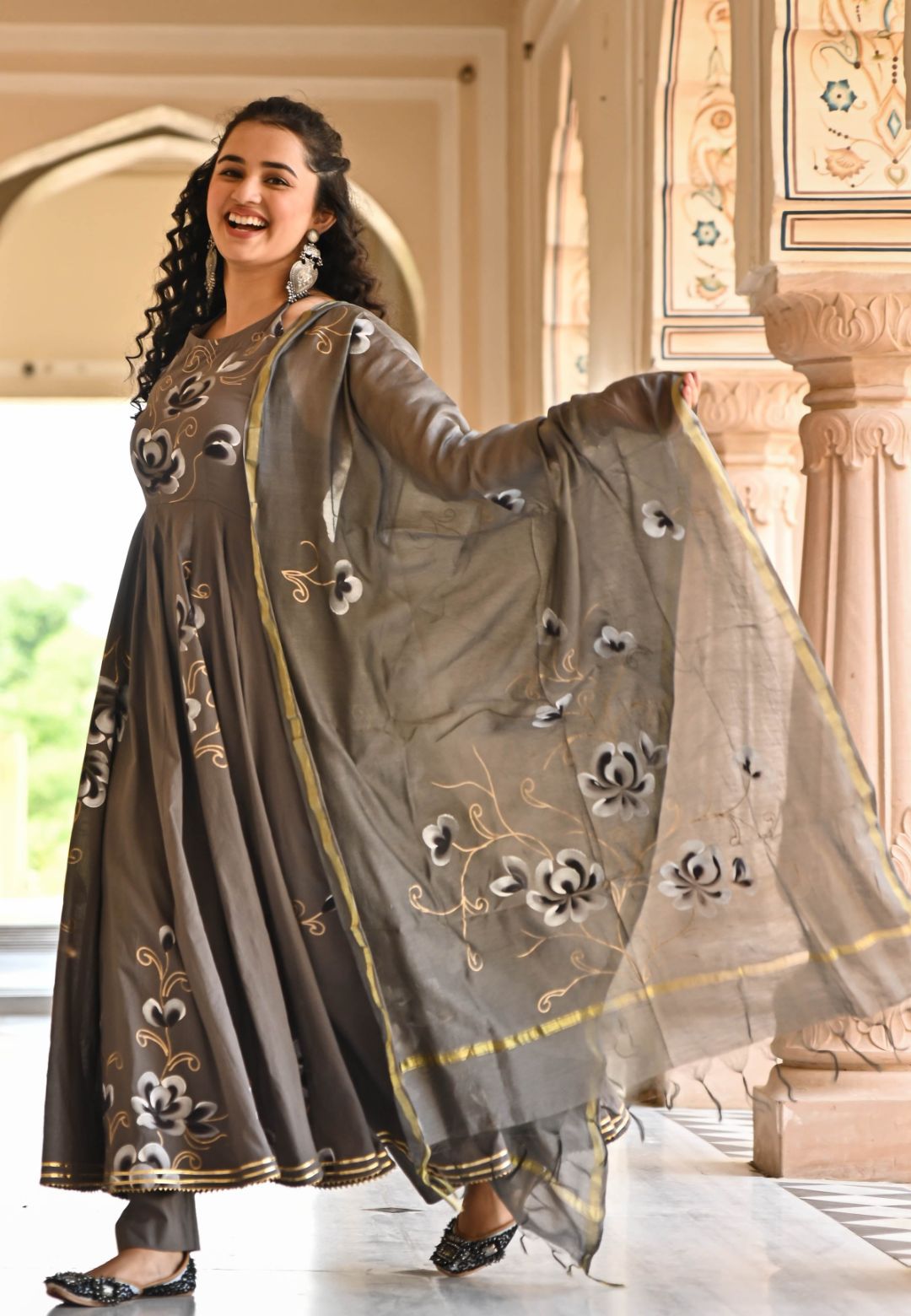 GREY FLORAL HANDPAINTED COTTON SUIT SET