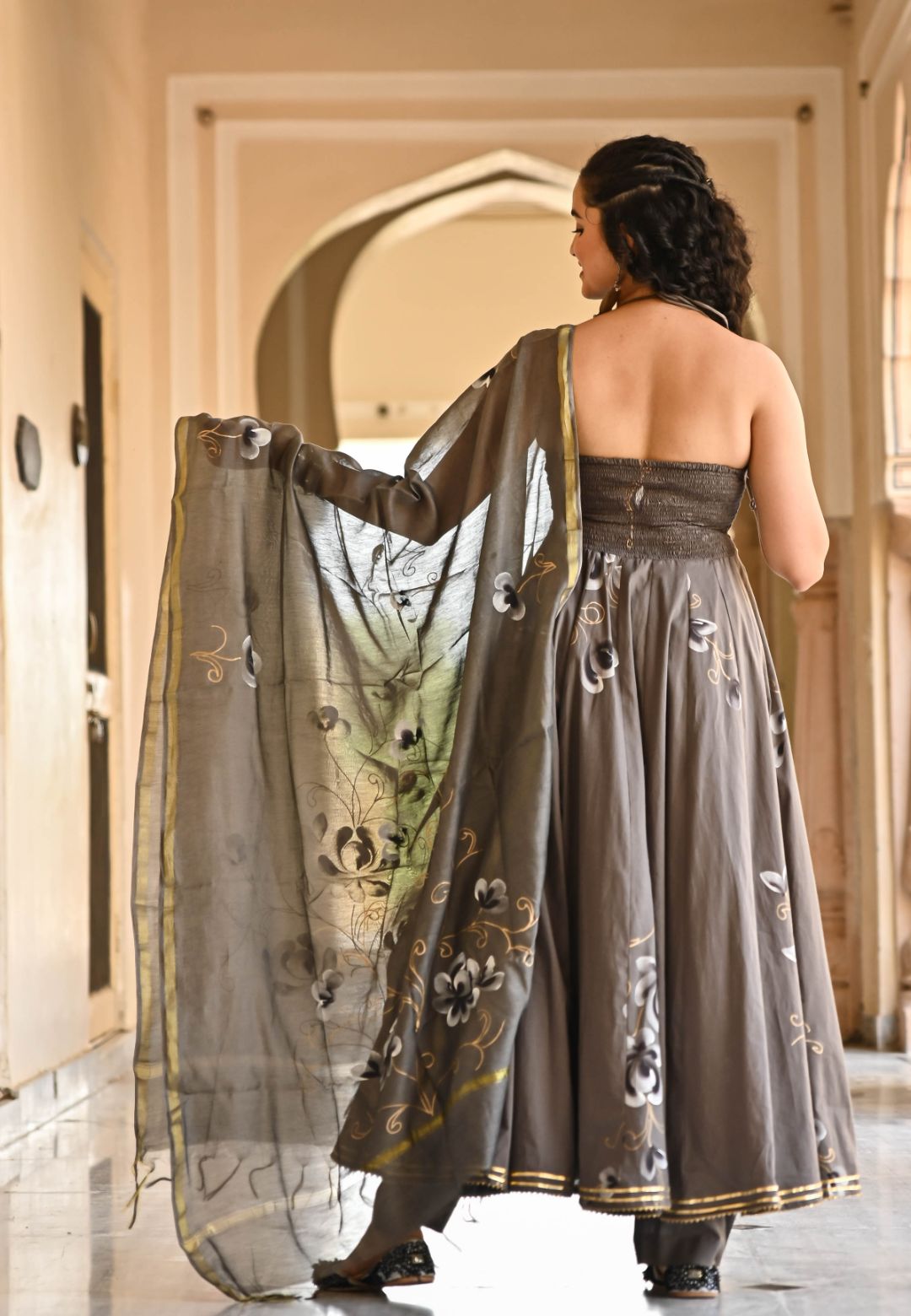 GREY FLORAL HANDPAINTED COTTON SUIT SET
