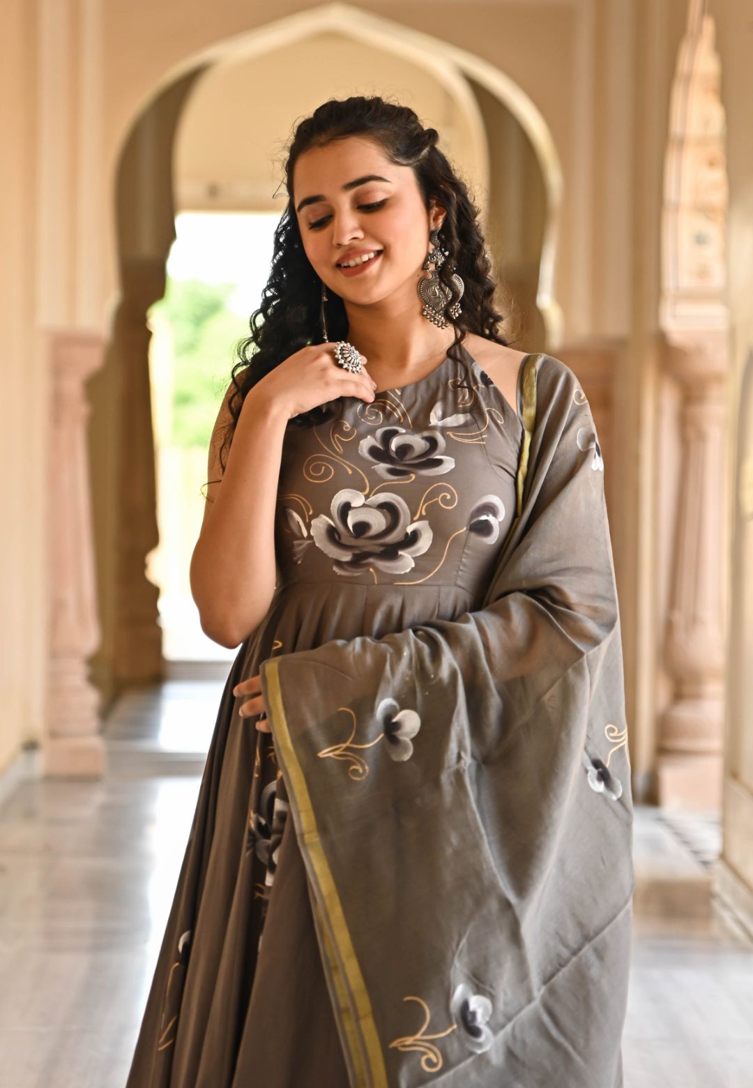 GREY FLORAL HANDPAINTED COTTON SUIT SET