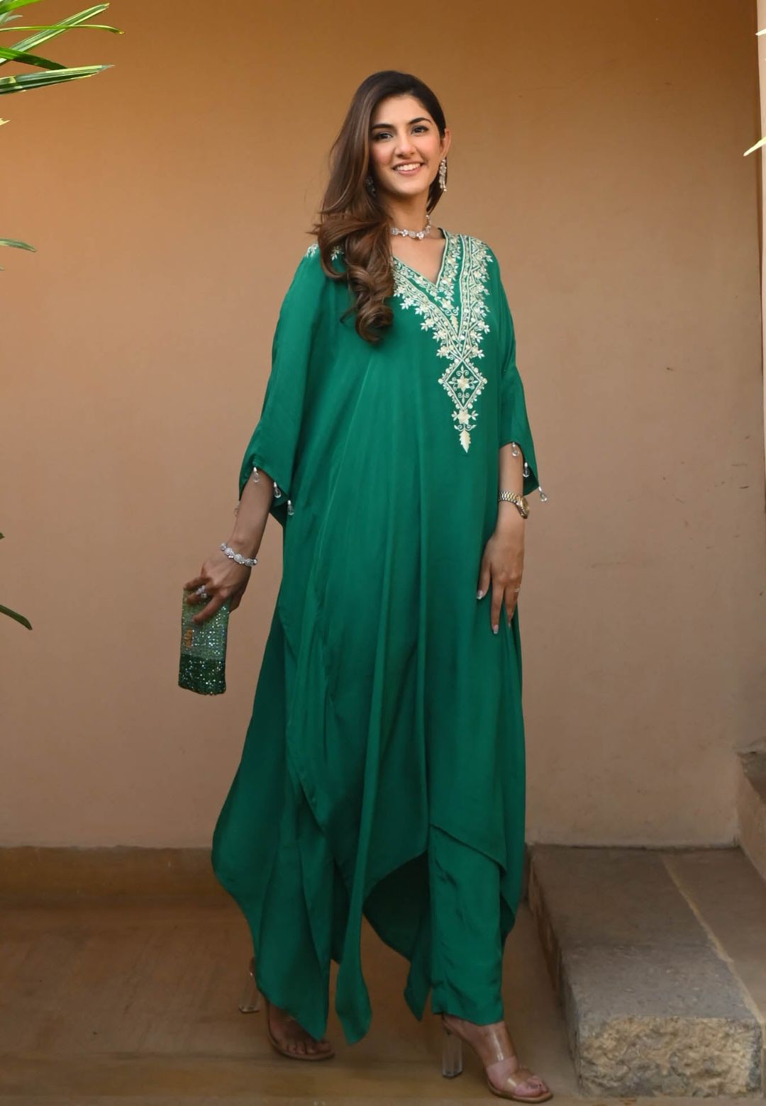 GREEN SILK CREPE KAFTAN SET