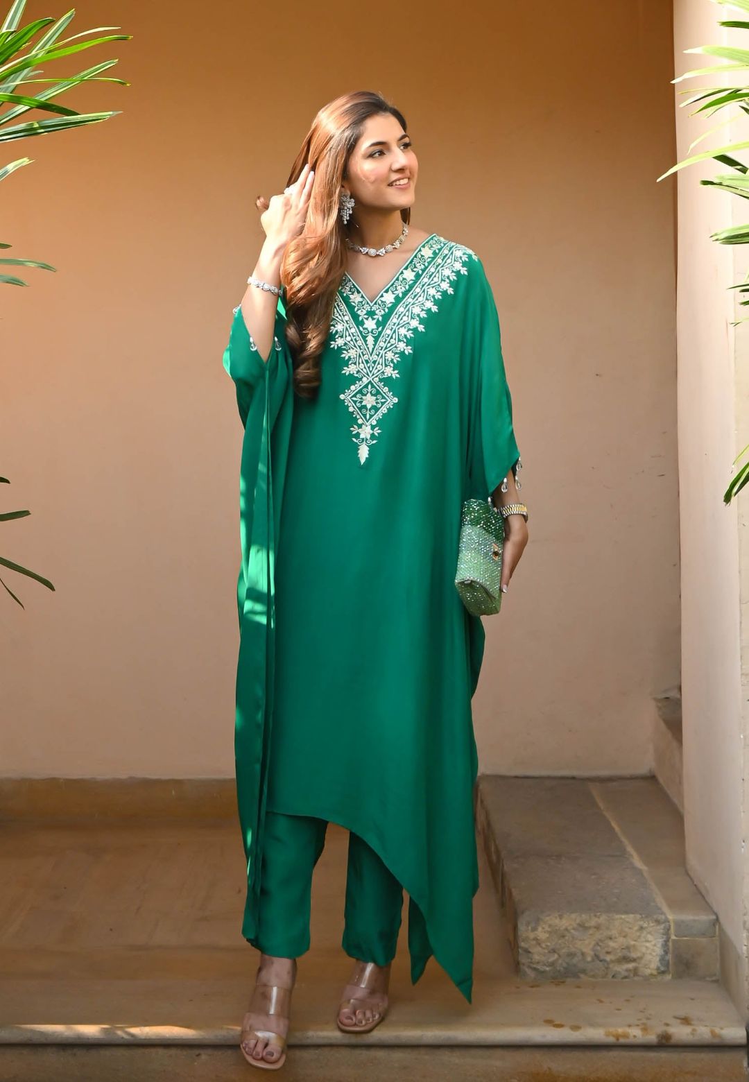 GREEN SILK CREPE KAFTAN SET