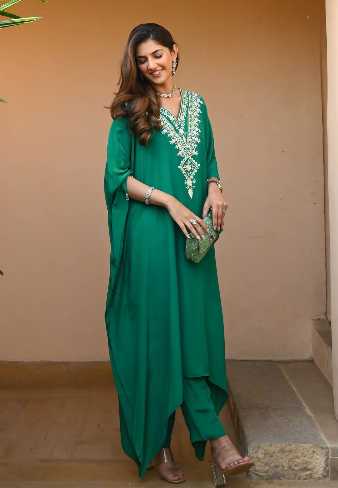 GREEN SILK CREPE KAFTAN SET
