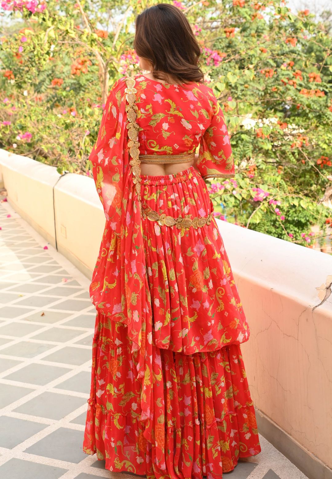 TANGERINE RED NARGIS FLORAL DRAPED SAREE