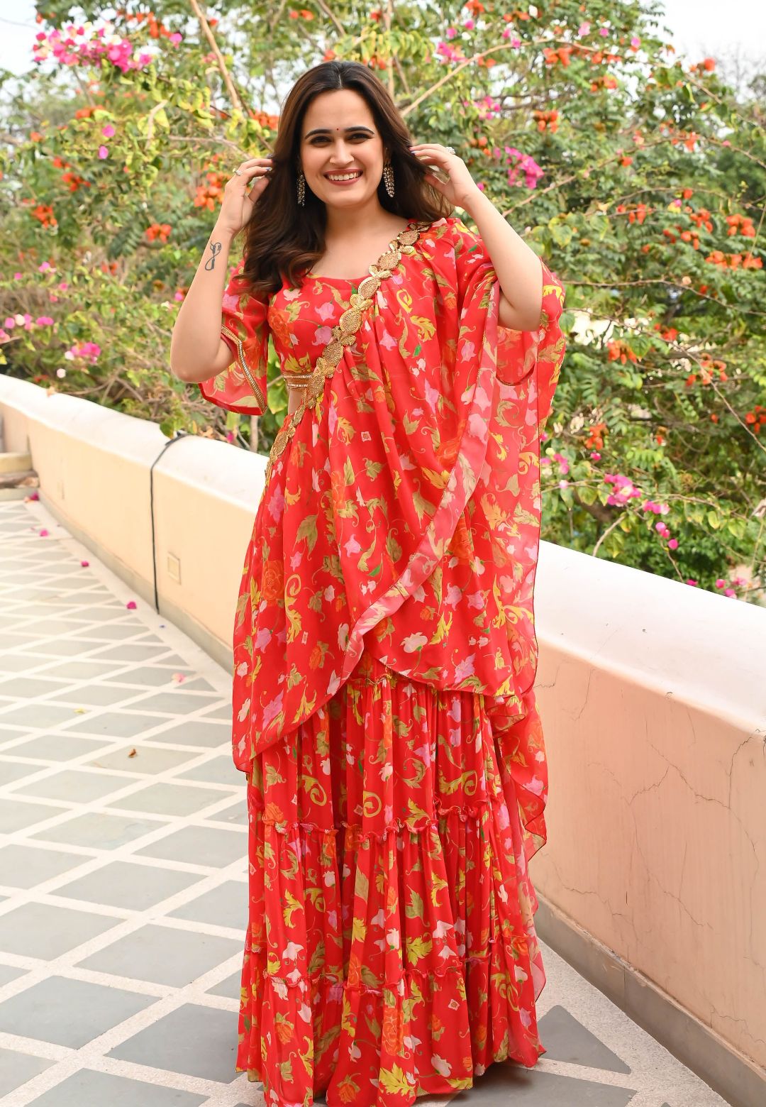 TANGERINE RED NARGIS FLORAL DRAPED SAREE