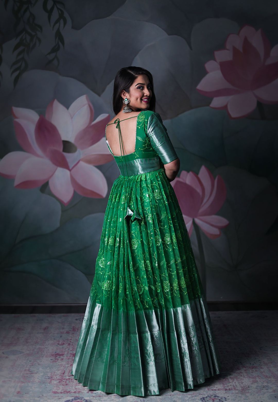 GREEN ORGANZA SEQUIN ANARKALI DRESS