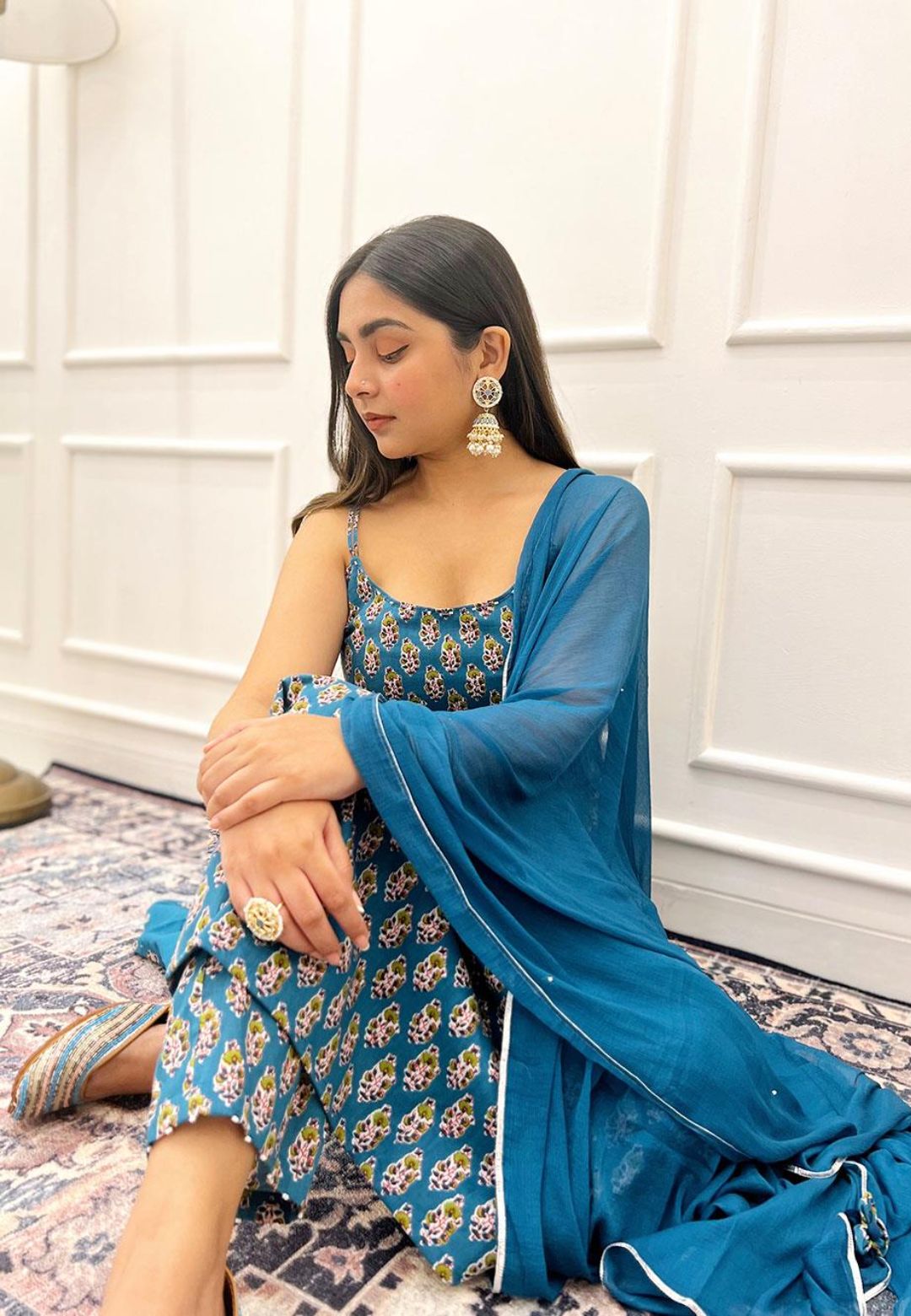 NEELA BLUE HANDBLOCKED COTTON SUIT SET