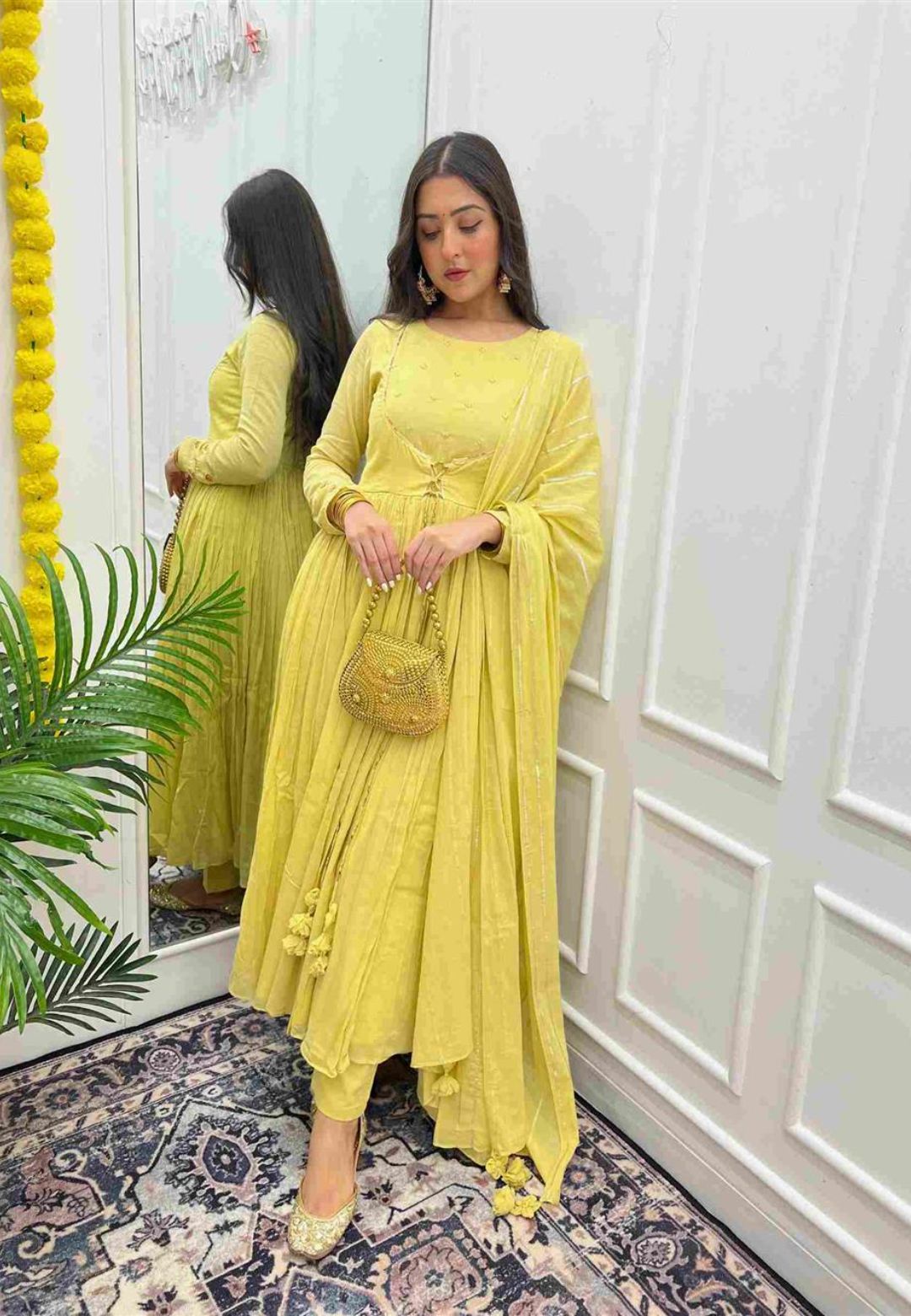 MUSTARD COTTON MUL GATHERED ANARKALI SUIT SET